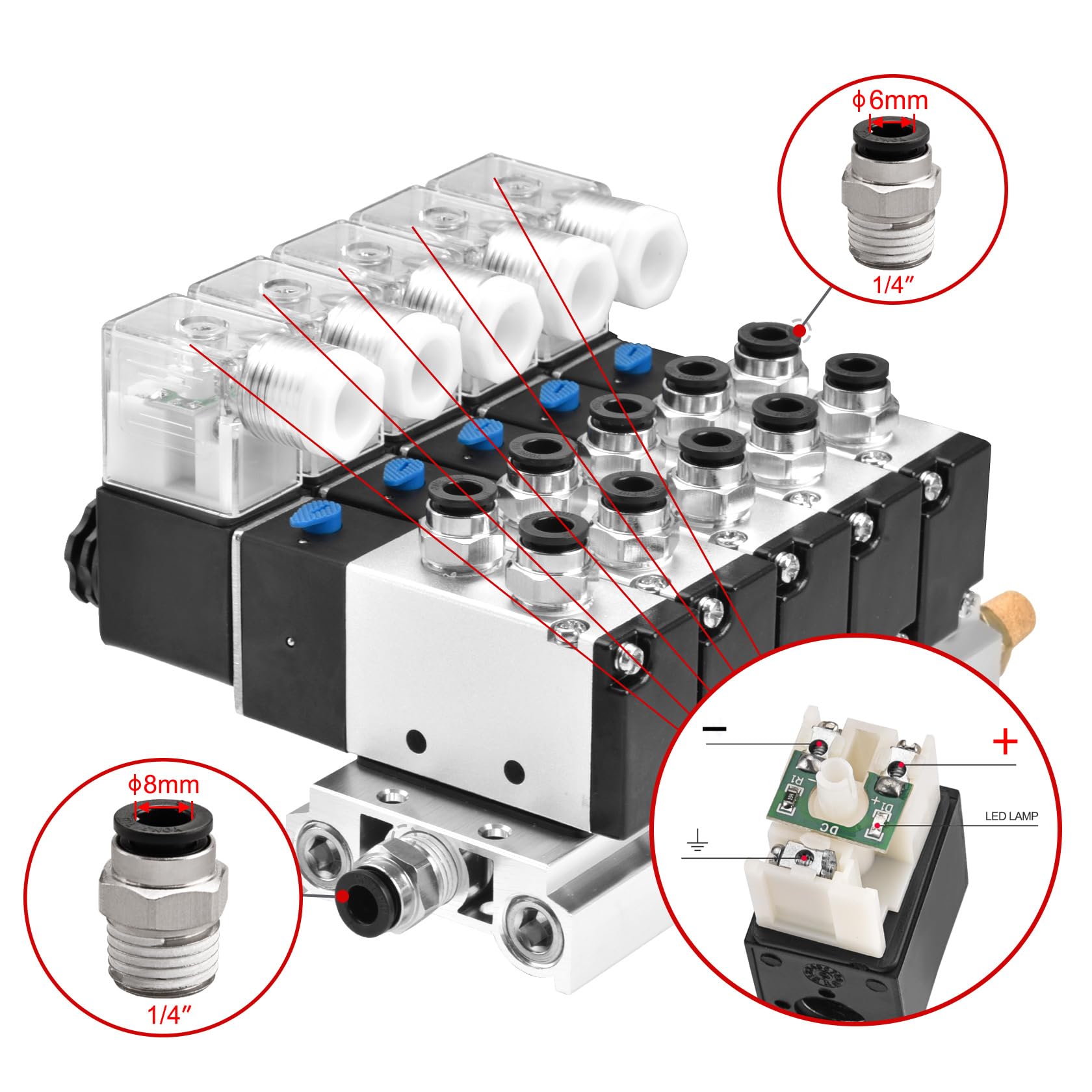 Heschen Válvula solenoide eléctrica neumática 5, 4V210-08, DC12V, PT1/4", 5 vías 2 posiciones, silenciador de base de colector rápido juego de accesorios