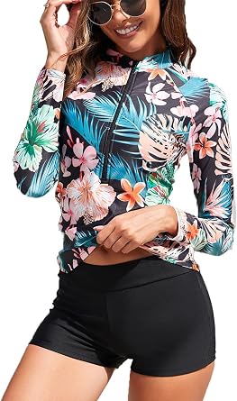 Women Two Piece Rash Guard Zip Front Long Sleeve Swimsuits UV UPF 50+ Swim Shirt Bathing Suit with Boyshort Bottom Green