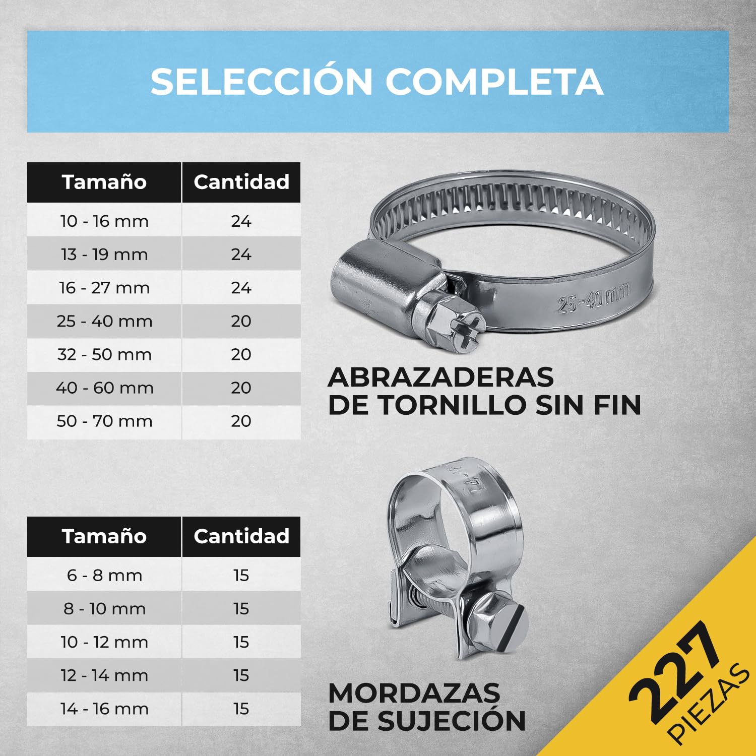 GRAFT juego abrazaderas y soporte pared | 227 pzs. | Incluye soporte y destornillador | Juego abrazaderas | Abrazaderas ajustables | Surtido de abrazaderas | Estante organizador