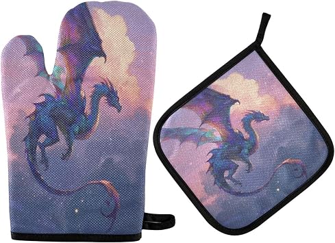 QUGRL Oven Mitts and Pot Holders Set Dragon Soars Above Cloudy Skies Kitchen Oven Gloves Hot Pads Heat Resistant Handling Cooking Cookware Bakeware BBQ
