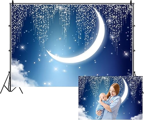 Renaiss Twinkle Twinkle - Telón de fondo de estrella pequeña para sesión de fotos, 10 x 8 pies, media luna, brillante, cielo nocturno, purpurina