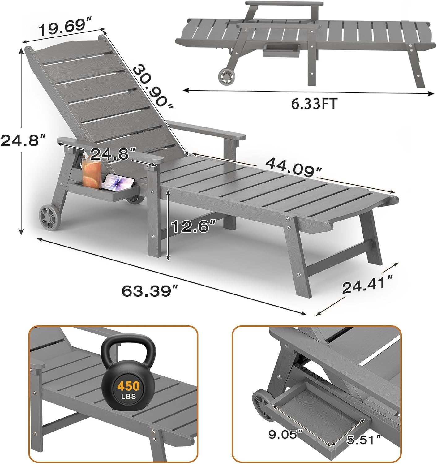 Outdoor Chaise Lounge Chair with Wheels, 6.3ft Full-Length Patio Pool Lounge Chairs,5-Position Adjustable Backrest (Flat Recline), Flip-Down Side Tray,HIPS All-Weather for Poolside, Deck,Beach
