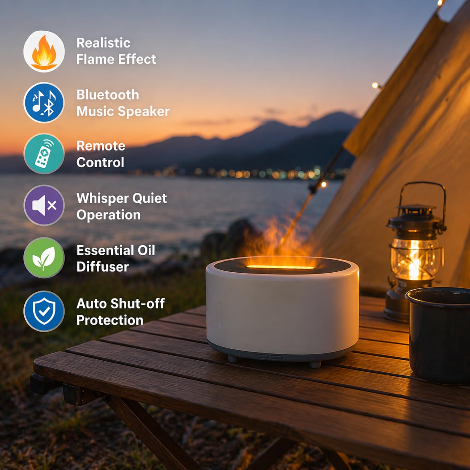 Dyfuzor Olejkow Eterycznych Glosnik Bluetooth Efekt Plomienia Nawilzacz Powietrza Sypialnia Dom Biuro 200ml Bialy Drewno Prezent Urodzinowy Swiateczny Kobiety Mezczyzni White