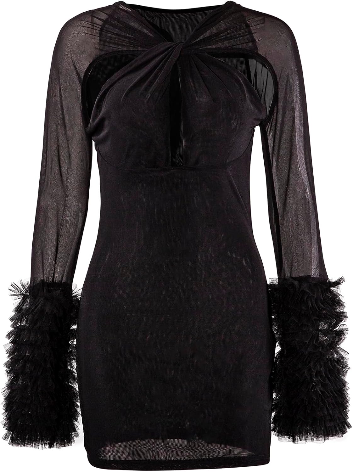 Women Sexy Hollow Out Twist Front Bodycon Mini Mesh Dress Long Ruffle Fuzz Sleeve Night Club Party Dress - Image 3