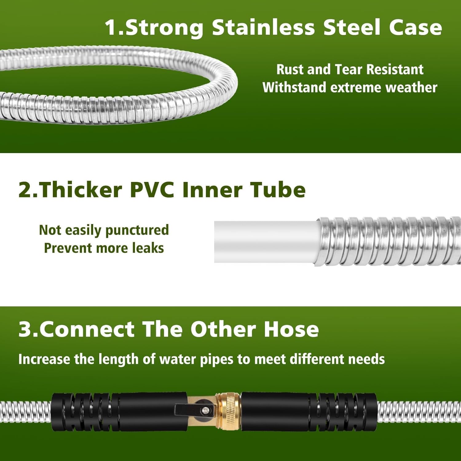 Metal Garden Hose 100ft Stainless Steel Hose Heavy Duty Flexible Water Hose with 10 Way Spray Nozzle 3/4 Solid Brass Fittings-Outdoor Yard Lightweight No Kink Leak Resistant Water Pipe