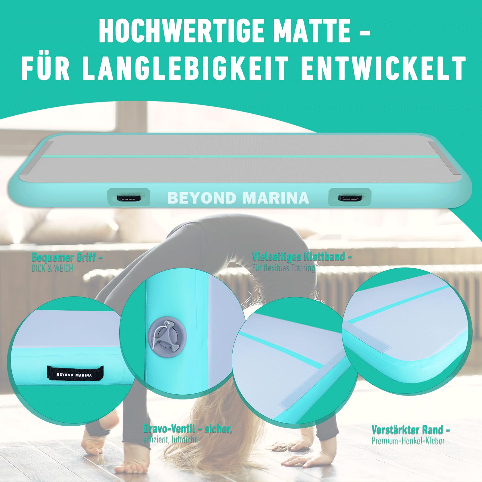 BEYOND MARINA Turnmatte Aufblasbar, Air Matte Track, Air Tracking Matte, 3m 4m 5m 6m Gymnastikmatte Tumbling Matten 10/20cm hoch mit pumpe für Zuhause, Trainingsmatte, Fitnessmatte, Yogamatte