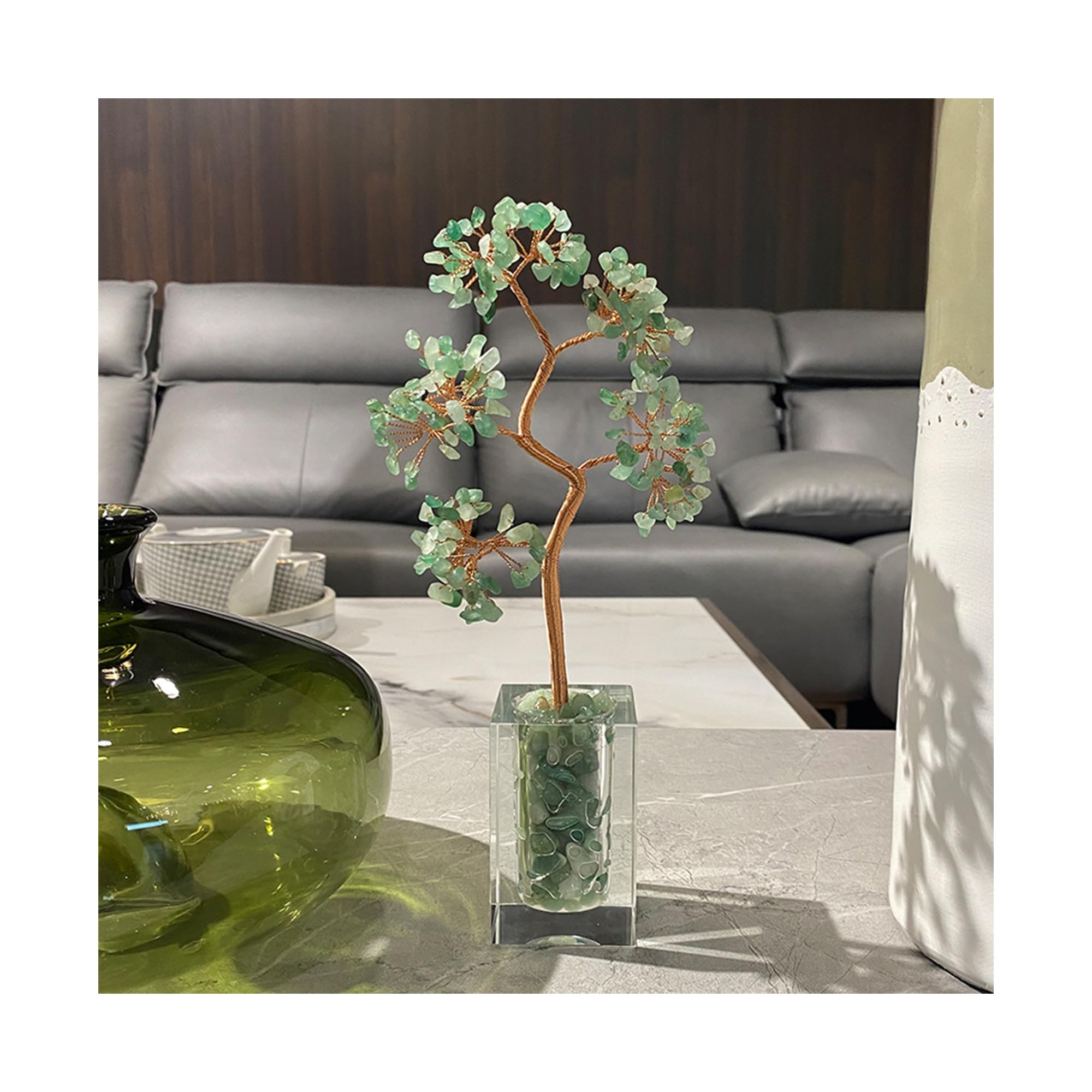 Arbre de vie en cristal de roche vert sculpté main pour une décoration chic et zen
