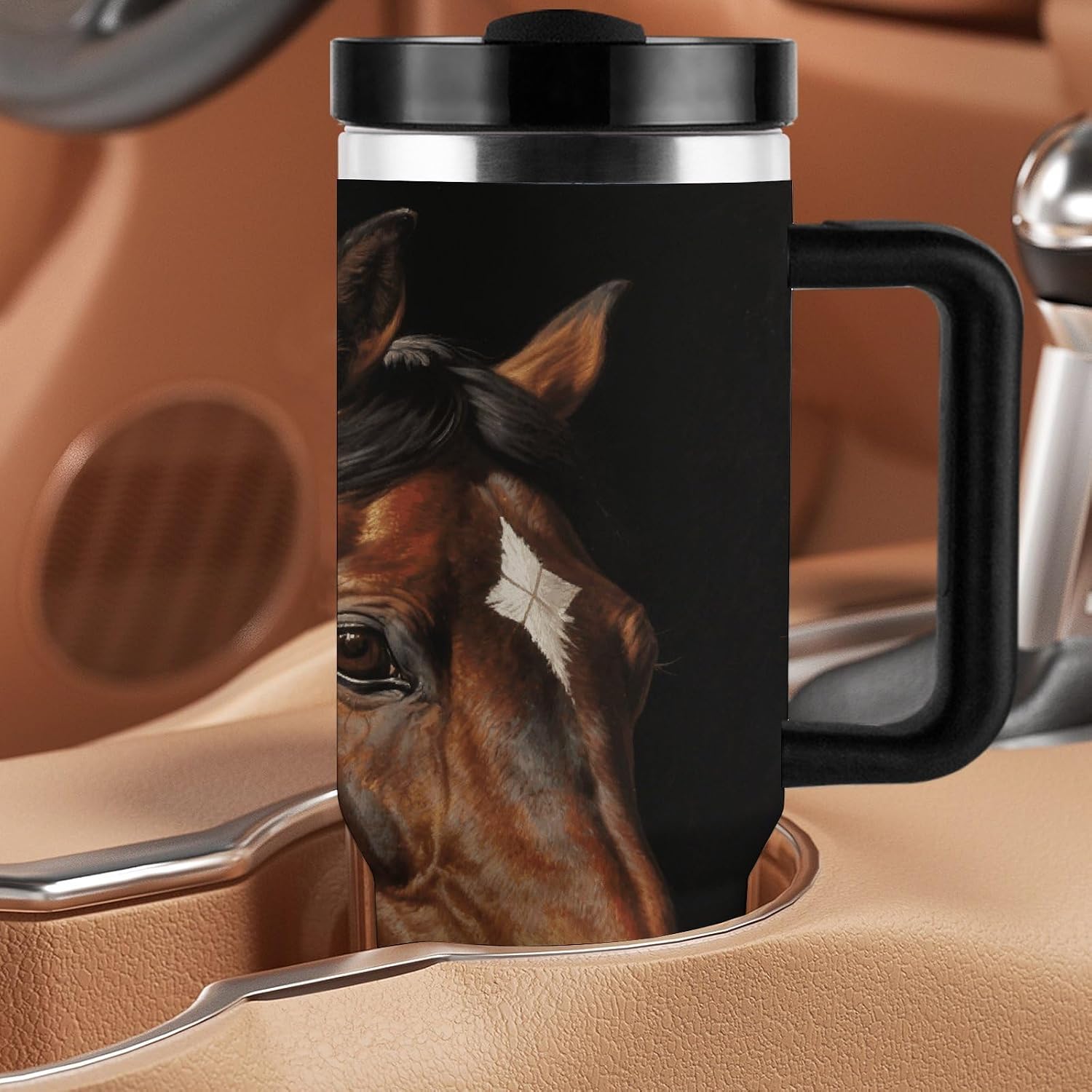 Brown Horse Water Bottle with Straw Lid Stainless Steel Tumbler with Handle Leak Proof Coffee Mug Double Wall Vacuum Insulated Bottle Fit in Any Car Cup Holder 40 Oz