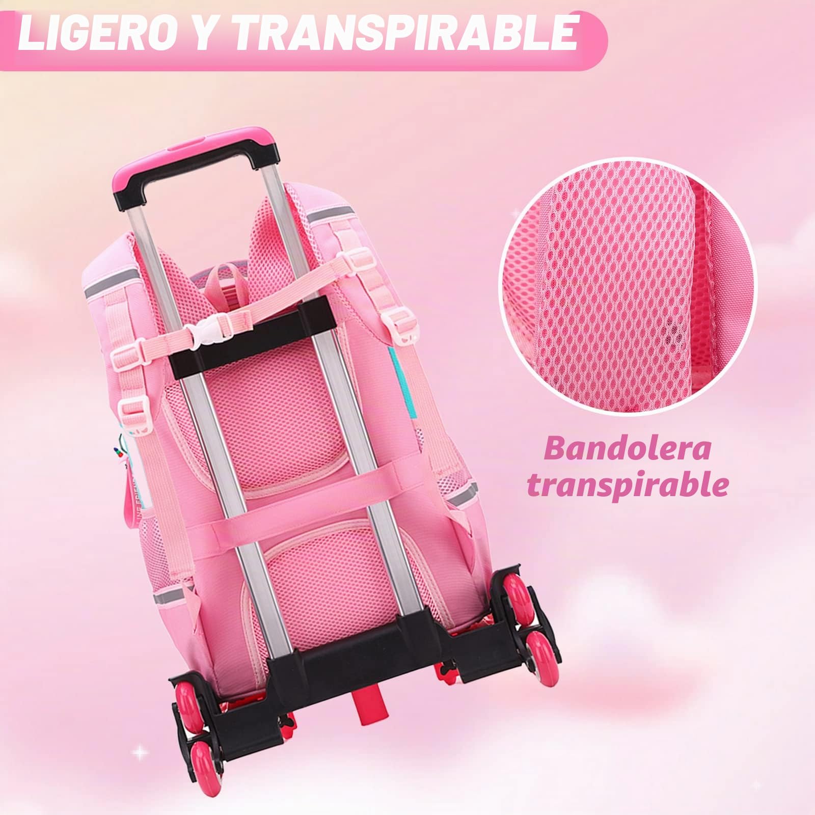 Tanou Mochila Ruedas Niña, 16 Pulgadas Mochilas Escolares con Ruedas, Desmontable Mochila con Carro Niñas para Viajes Escolar, 5-9 Años, Rosado