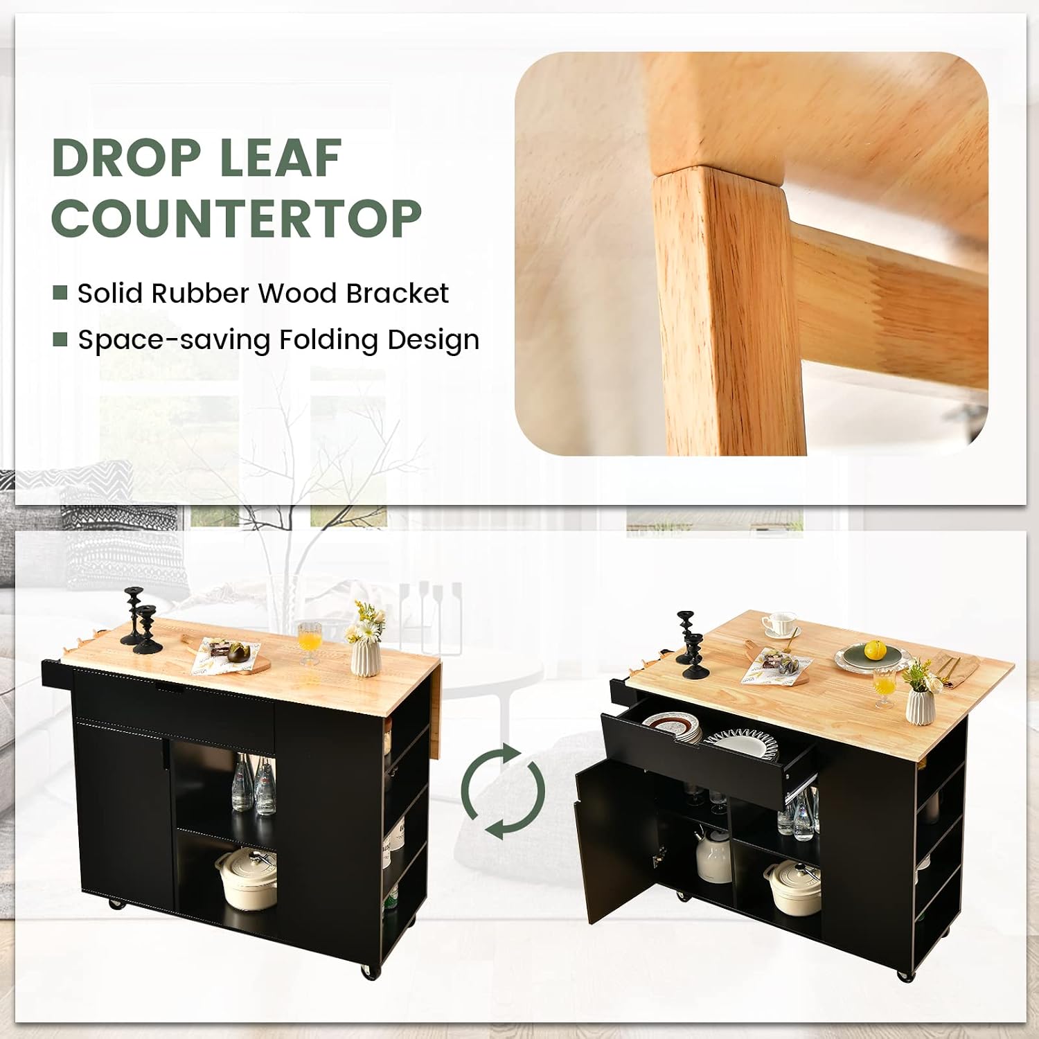 LOKO Kitchen Island with Drop Leaf, Rolling Kitchen Storage Cart with Drawer, Cabinet, 6 Open Shelves, Spice Rack & Towel Bar, Rolling Kitchen Island with Storage & Lockable Wheels (Black)
