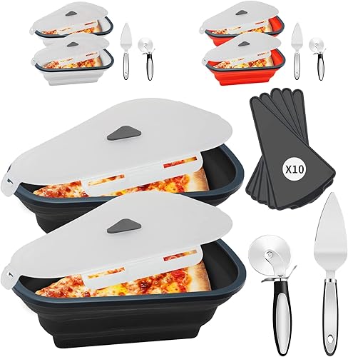 Contenedor de almacenamiento de pizza expandible, paquete de 2 con 10 bandejas para servir para microondas, contenedor de pizza reutilizable con