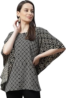 Cottinfab Black & Beige Geometric Bohemian Crepe Kaftan Top Price In India