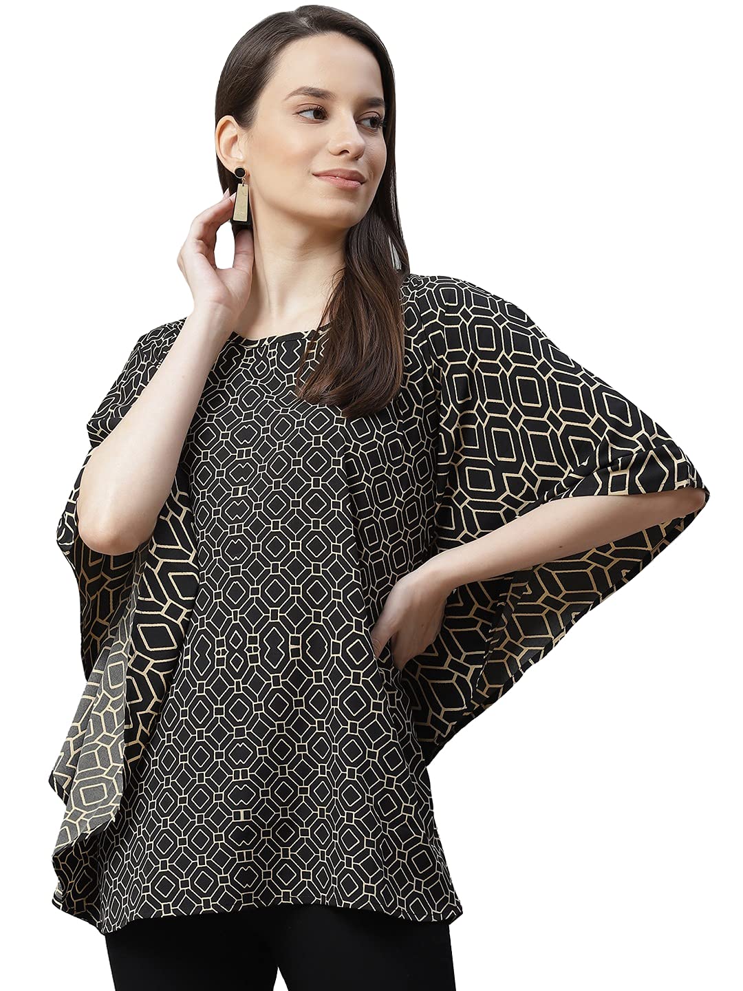 Black & Beige Geometric Bohemian Crepe Kaftan Top