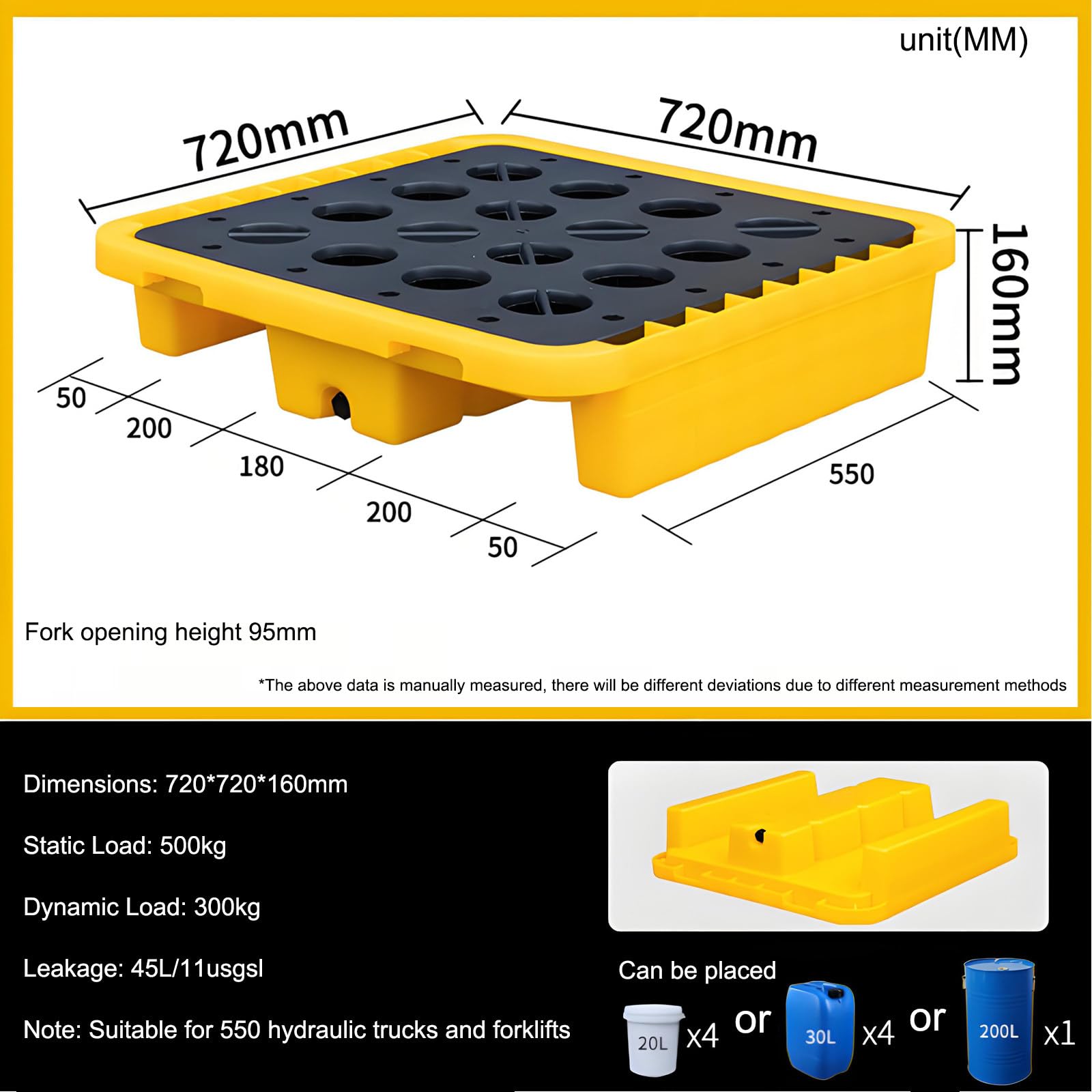Plateforme de rétention étanche pour fûts d'hydrocarbures, avec système de Drainage, pour Le Stockage Industriel, idéale pour Les garages et Les ateliers, 130 x 68 x 30 cm