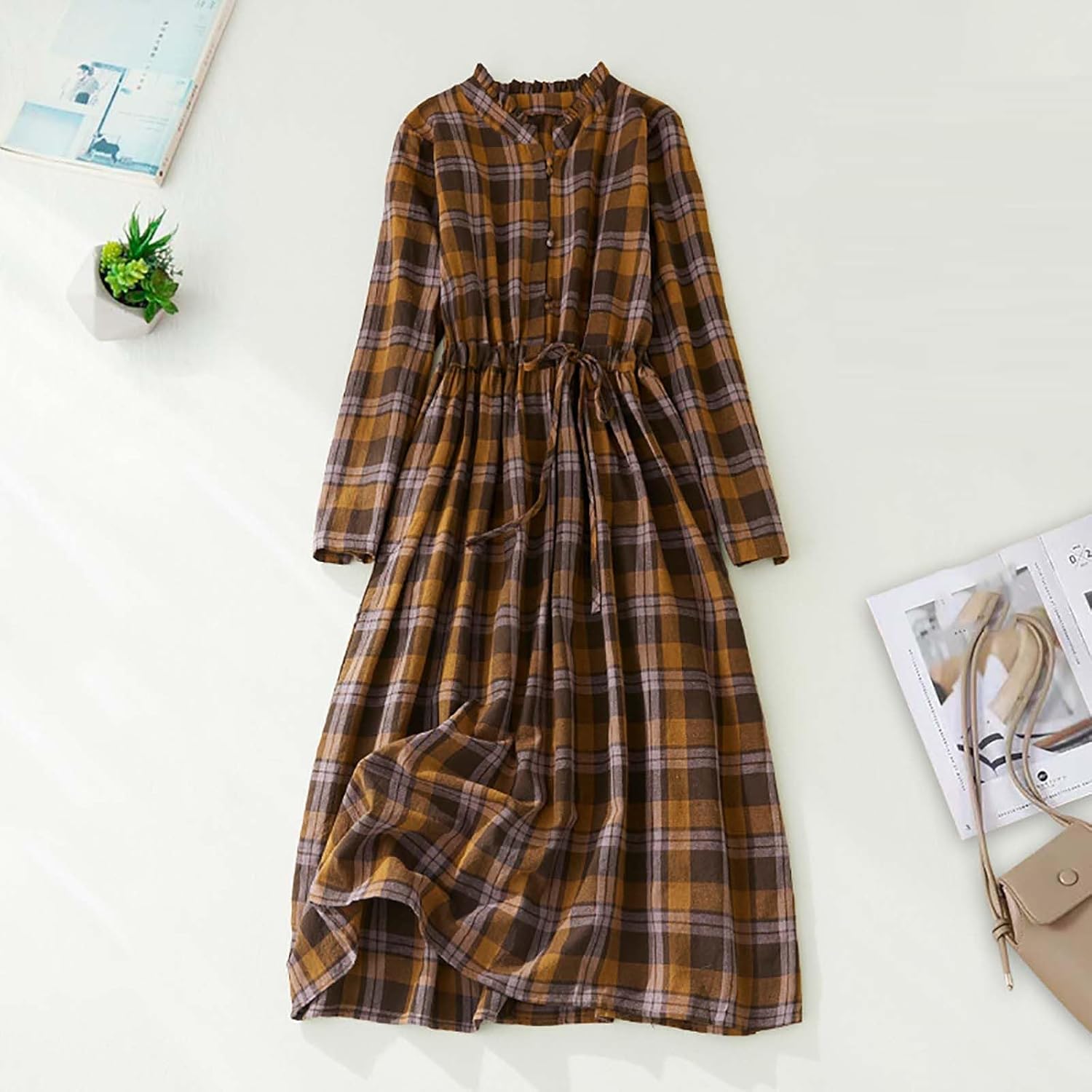 Retro Plaid Midi Dress for Women Cotton Linen High Waist Lace Up Button Dresses Casual Loose Flowy Vintage Dress