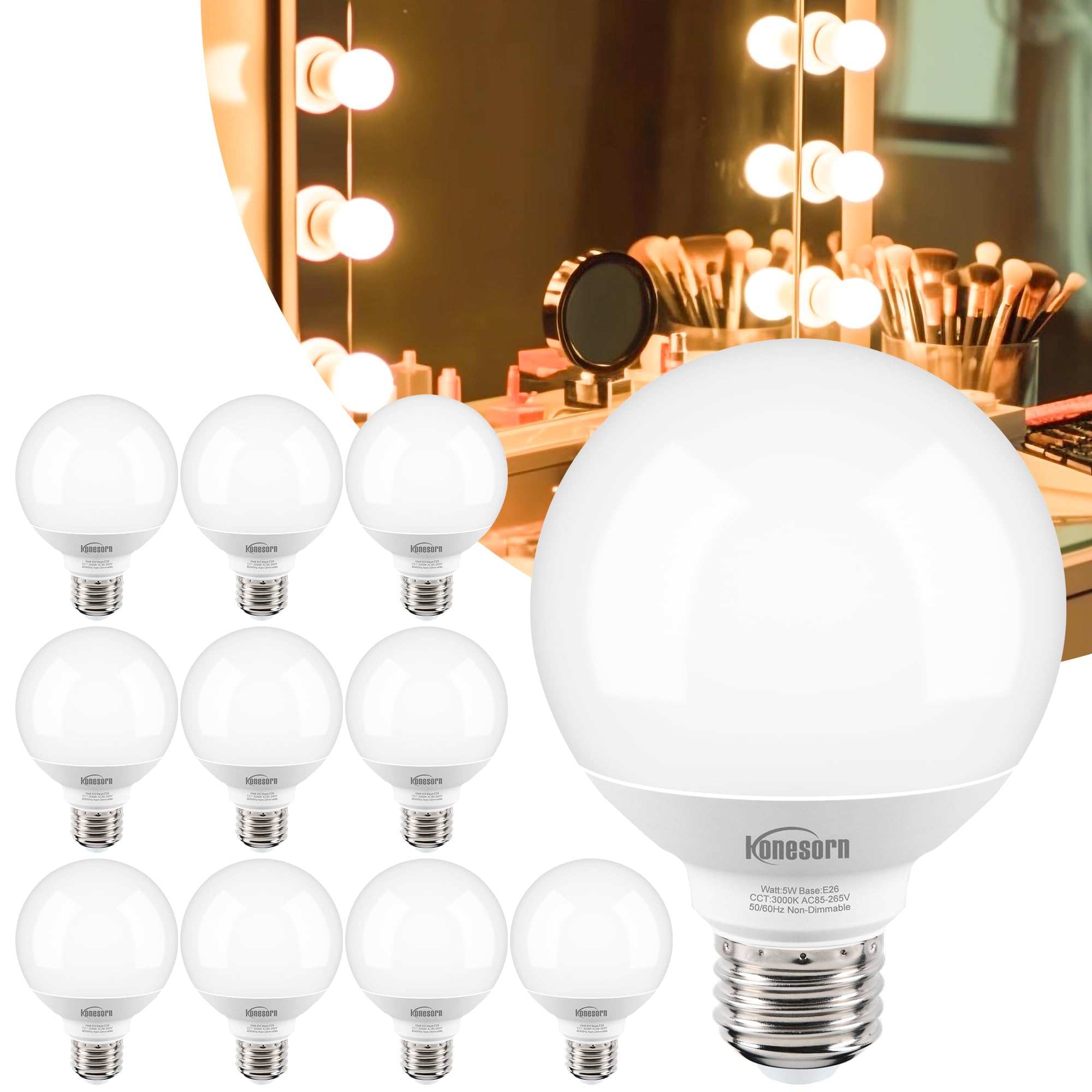 Honesorn Batiroom Light Bulbs, 60 Watt Equivalent, 3000K Soft White Globe Light Bulbs for Vanity Mirror, G25 LED Bulb E26 Base, Round Light Bulb CRI85+, 500LM, 120V, Non-dimmable, 10 Pack