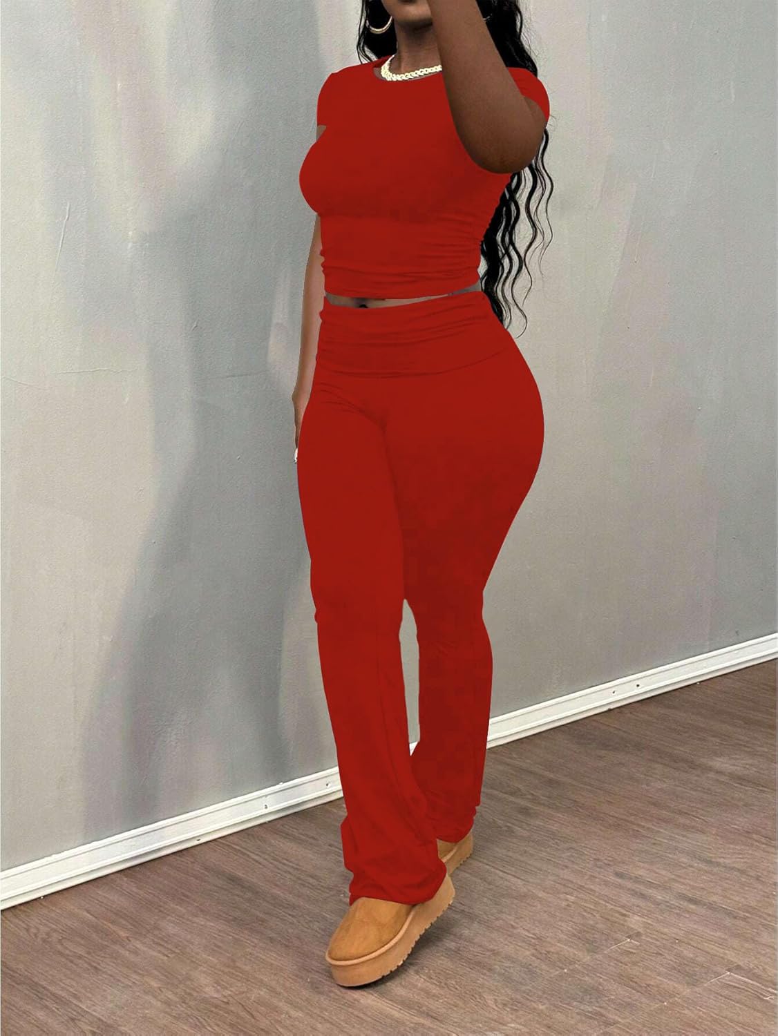 Women's Two Piece Lounge Sets Short Sleeve Crop Tops High Wasit Foldover Flare Leggings Pants Casual Workout Outfits Tracksuit-Red-XL - Image 3