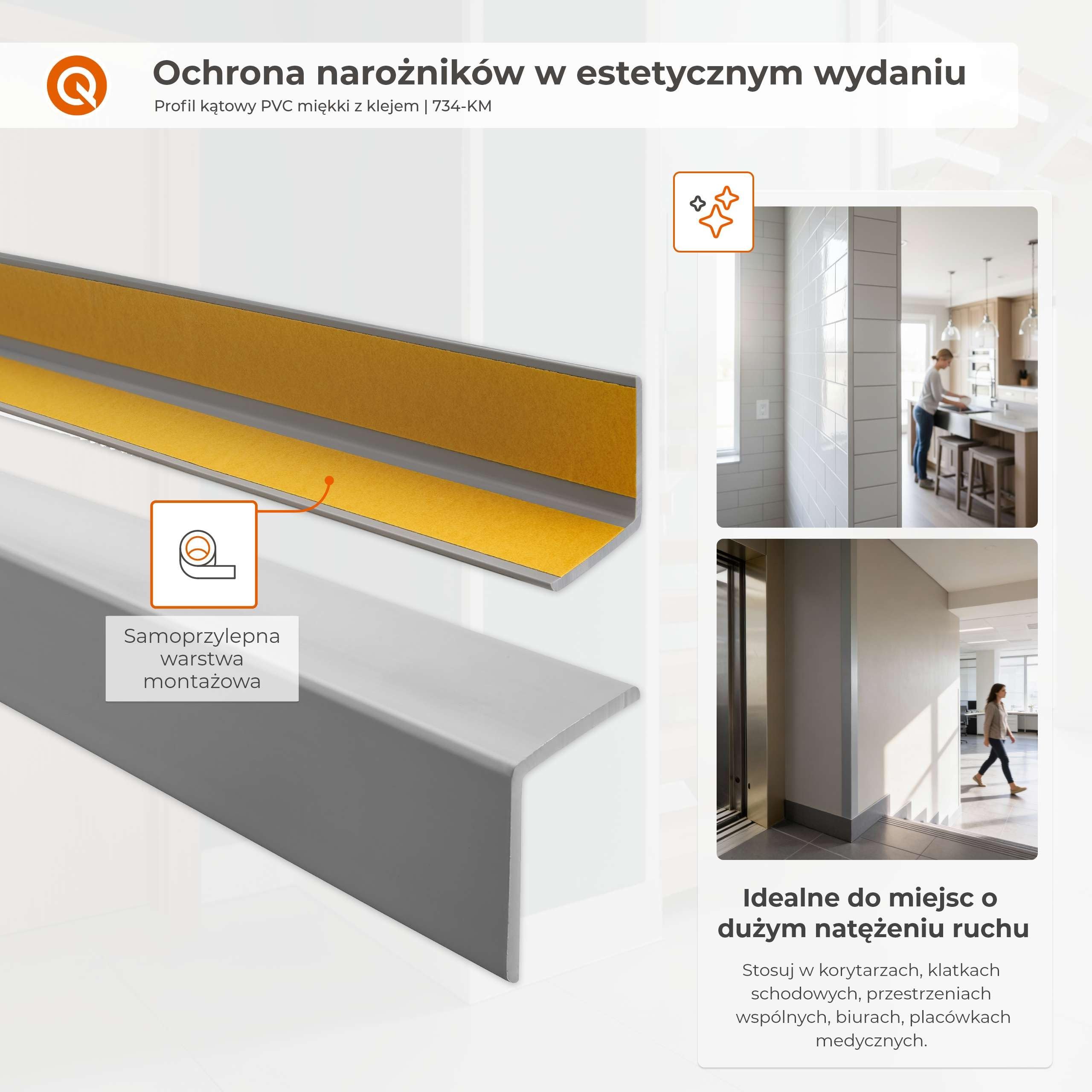 QUEST Kątownik miękki PVC 35x35 mm samoprzylepny, ochronny profil L kątowy, narożnik odbojnikowy z klejem, ciemnoszary, 90 cm