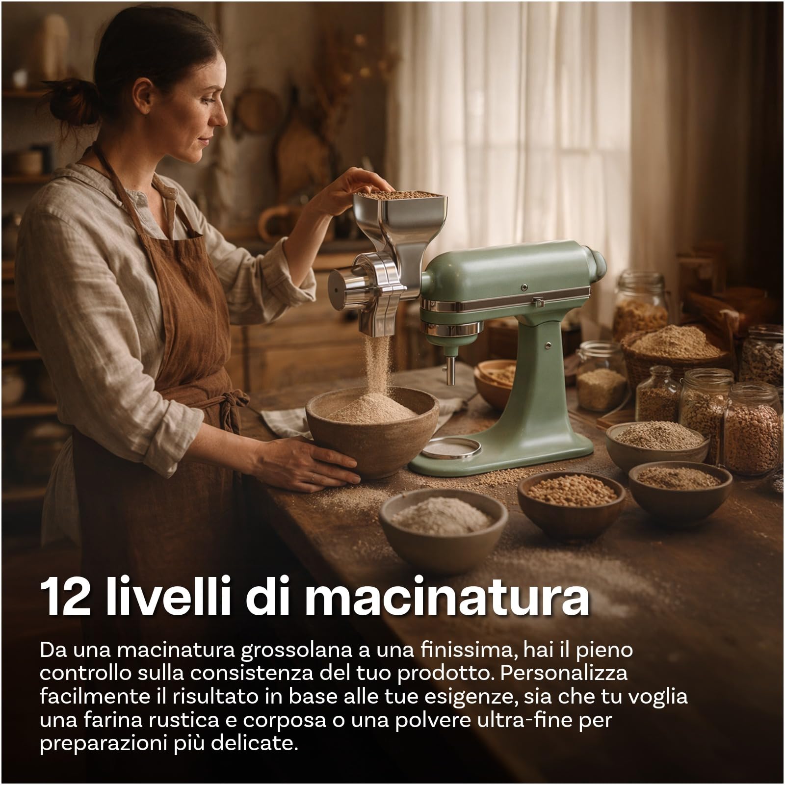 Accessorio per Mulino a Grano per KitchenAid Stand Mixer – 12 Livelli di Macinatura Regolabili – Macina in Metallo per Macinare Grano, Mais, Avena, Noci, Fagioli di Caffè & Altri Cereali