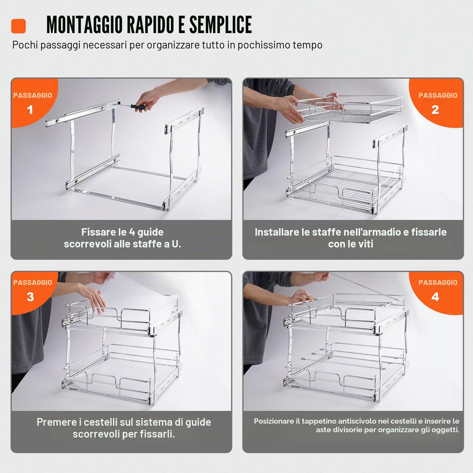 VEVOR Cestello Estraibile Sottolavello Cucina 2 Ripiani 322x533mm e 300x516mm in Acciaio Cromato, Cestello Scorrevole Carico max. 30kg, Portautensili