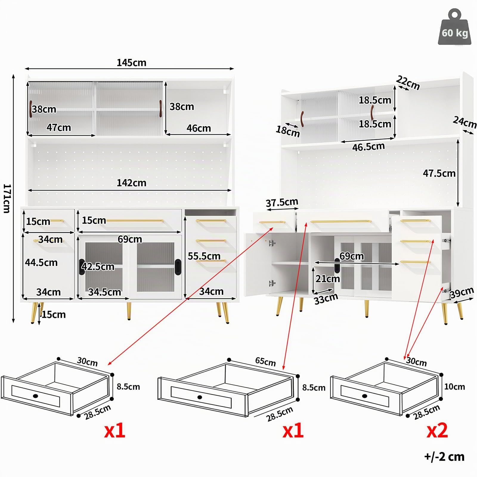 Yihomfy 180cm Meuble Cuisine-Garde Manger de Cuisine Arqué de Haut, Armoire de Rangement en Bois Style Ferme Moderne avec 3 Grands Tiroirs et Étagère Ouverte pour Cuisine