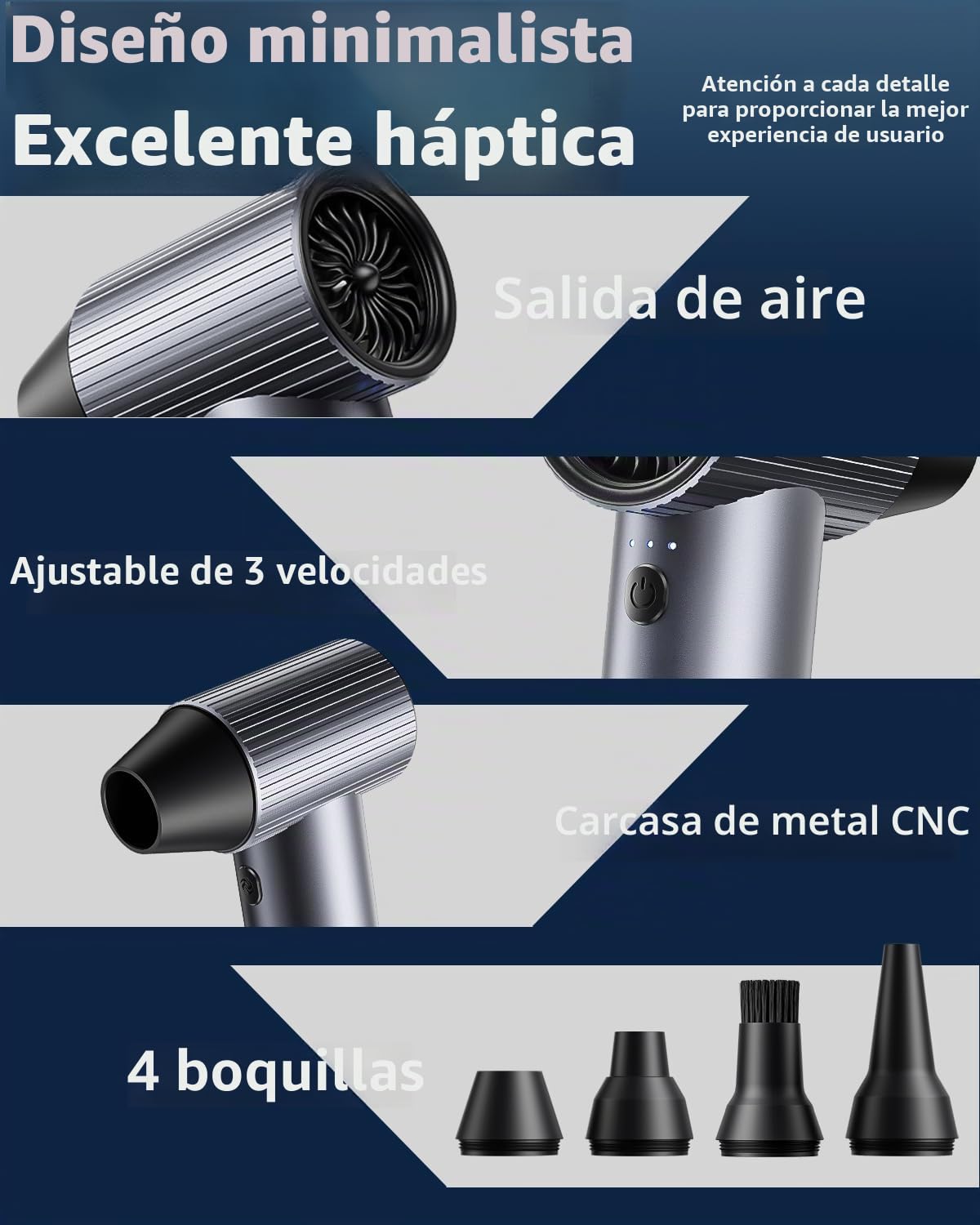 COSANO Mini soplador de metal completo Jet Dry – Plumero de aire eléctrico de 300.000 RPM – Soplador recargable – Plumero de alta potencia con 3 velocidades y 4 boquillas