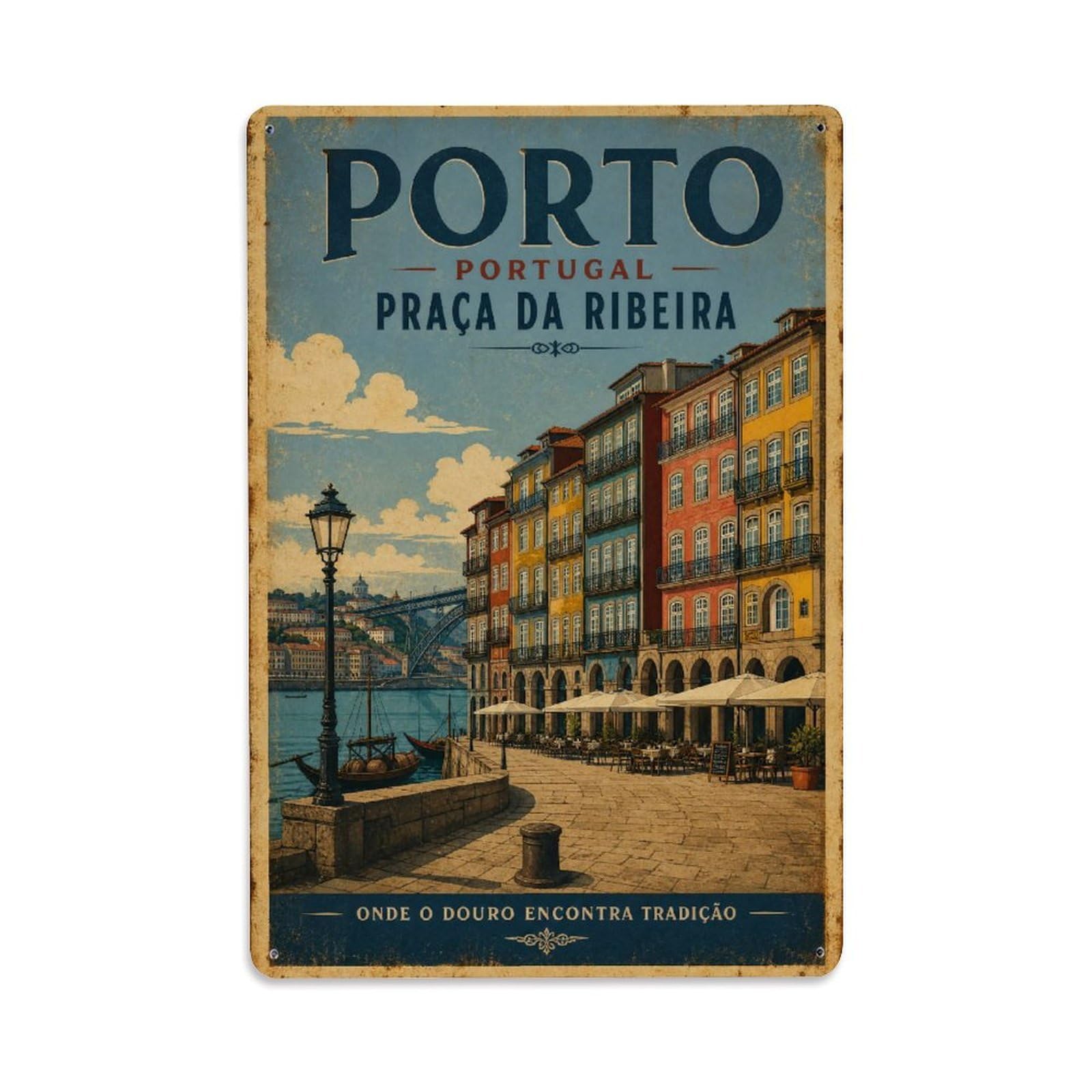 Huiyhb 8X12inch(20X30cm) Vintage Travel Ribeira Square Colorful Facades Portugal Metal Tin Sign