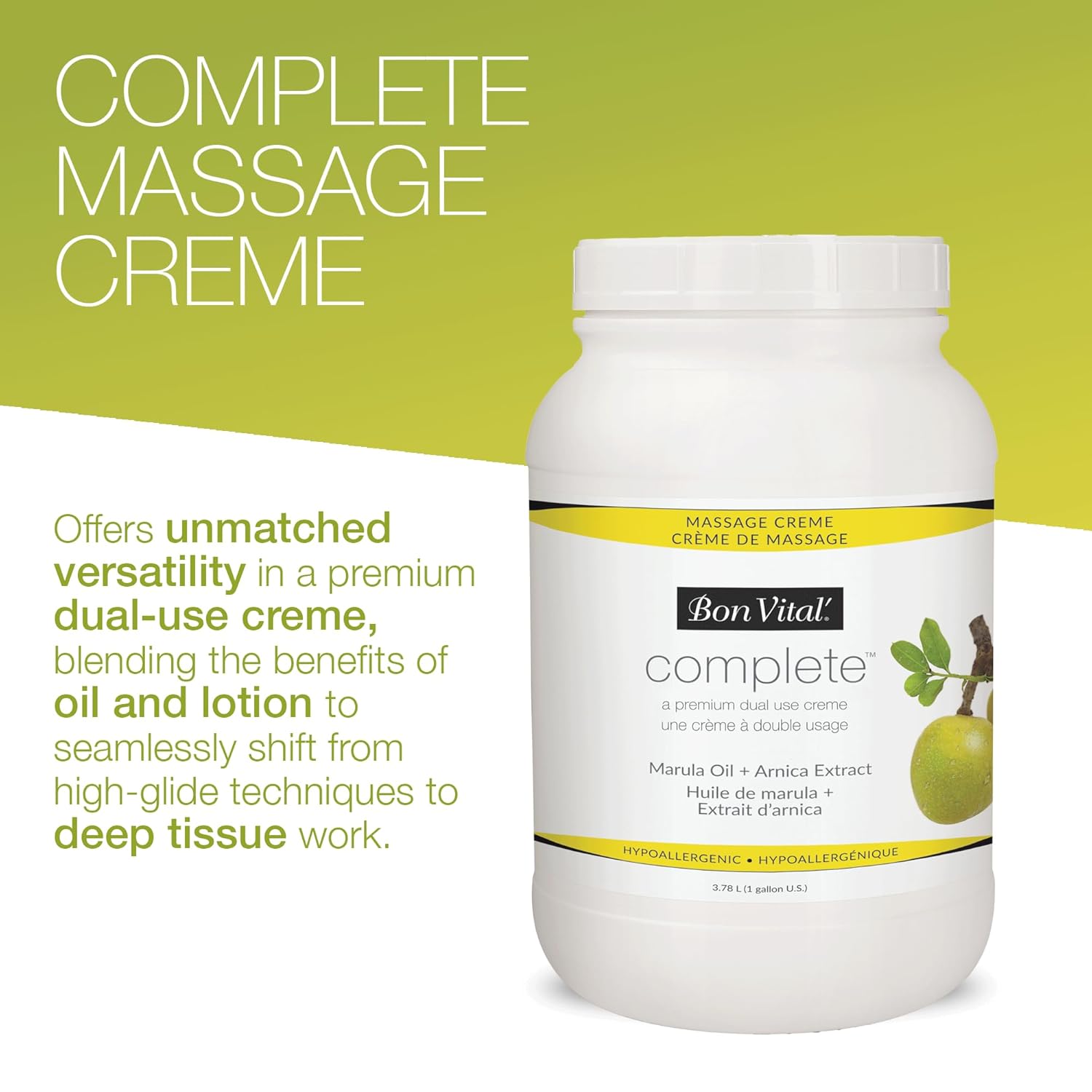 Bon Vital Complete Massage Creme, 1-Gallon, Unscented Non-Greasy Cream with Marula, Olive & Jojoba Oils, Hypoallergenic Moisturizer for Professional or Home Use, Premium Dual-Purpose, Massage Therapy