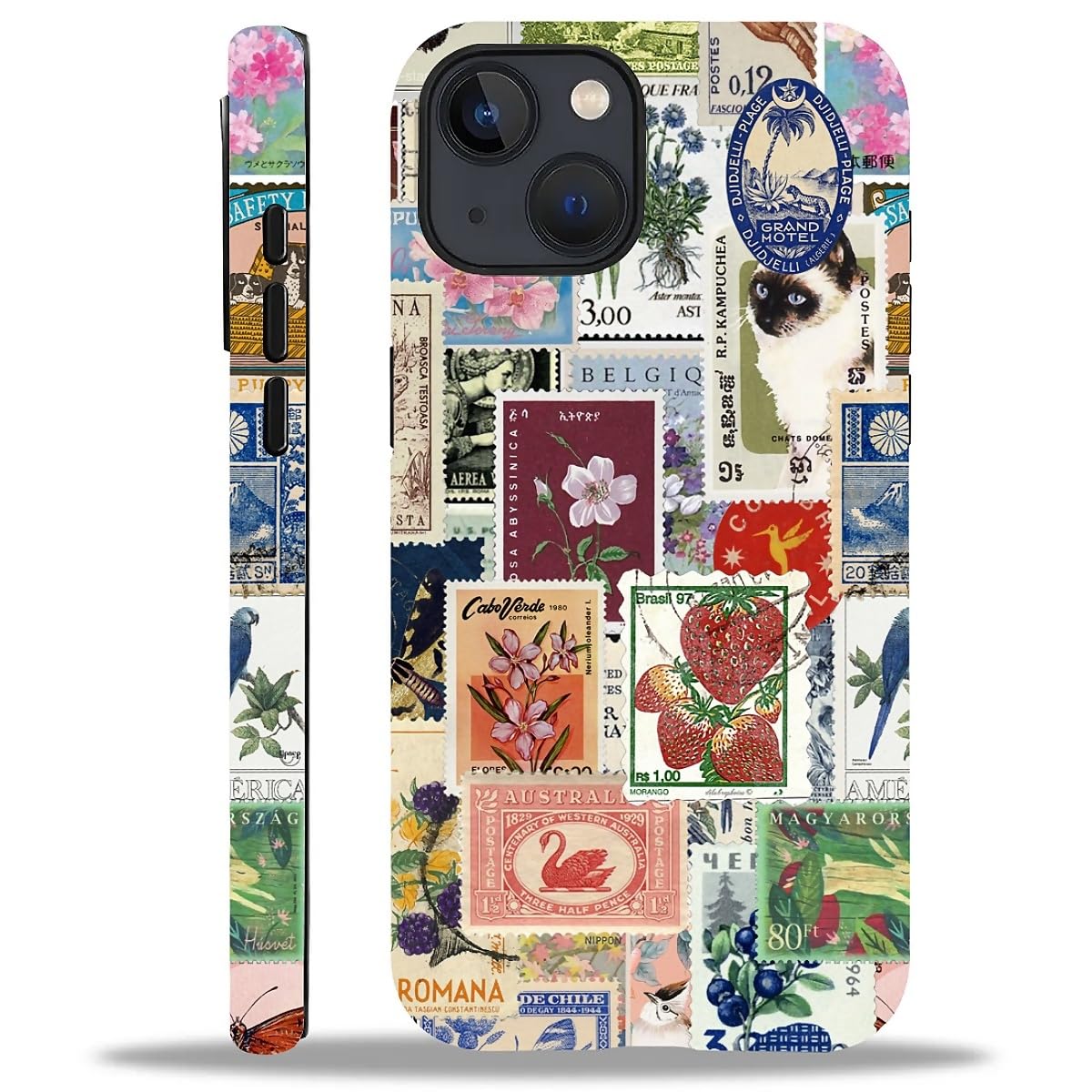Kapadiy Case for iPhone 15,Vintage Stamp Collage for Woman Men Full Body Protective Cover Shockproof 2 in 1 Silicone + Hard PC Case for iPhone 15