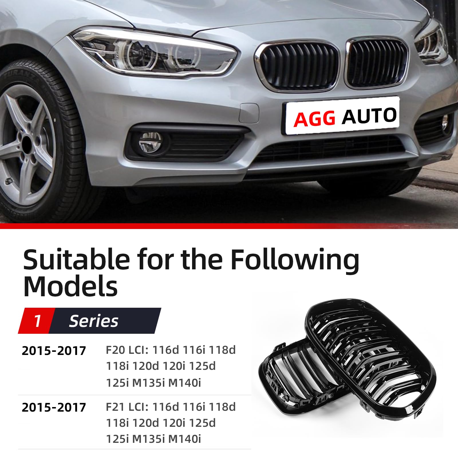 AggAuto Griglia anteriore nera lucida, a 7 doppie barre per BMW Serie 1, F20/F21, 2015-2018
