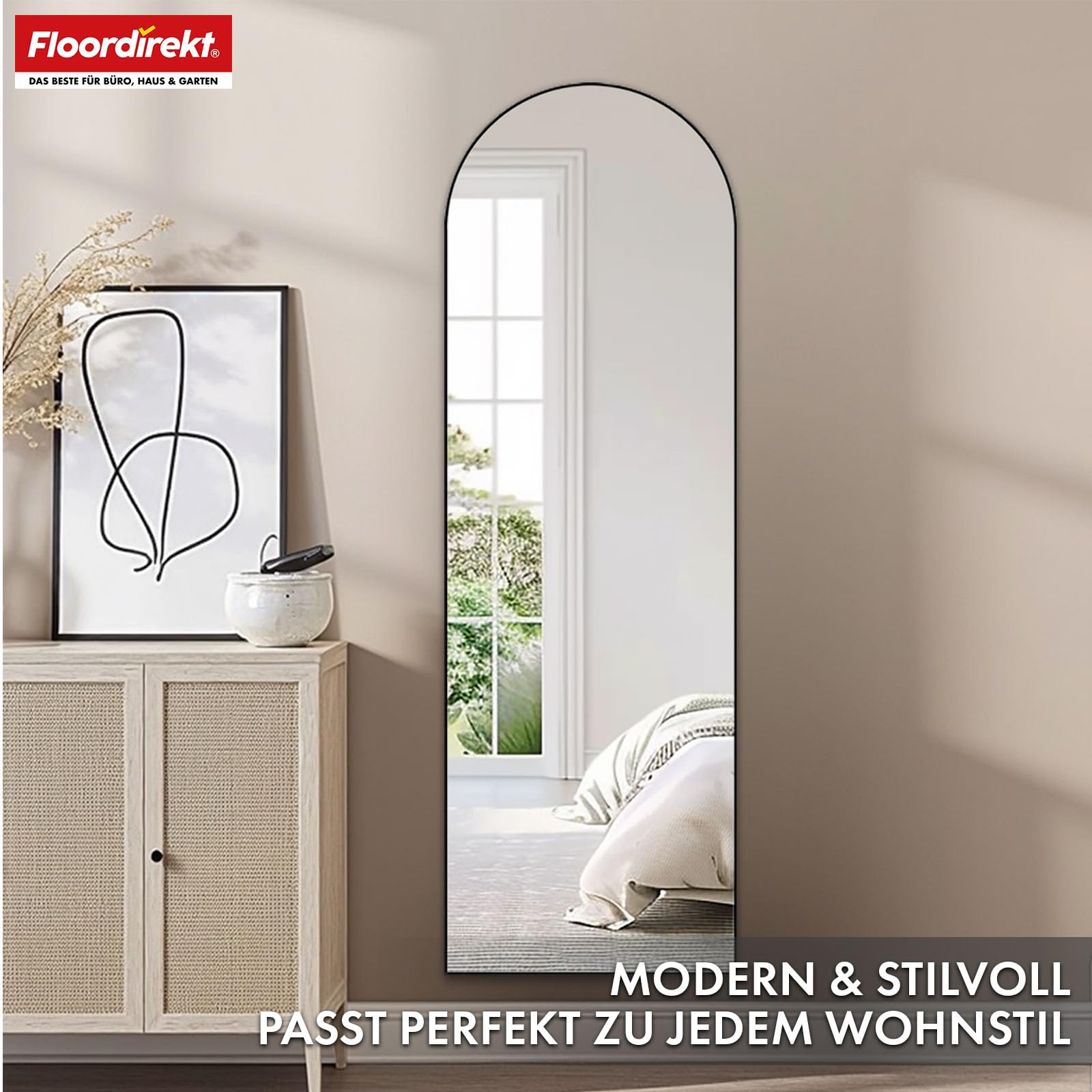 Floordirekt Ganzkörperspiegel, 161 x 52 cm, gewölbter Standspiegel, Rahmen aus Aluminiumlegierung, Hartglas, für Schlafzimmer, Wohnzimmer, Garderobe, schwarz Madison