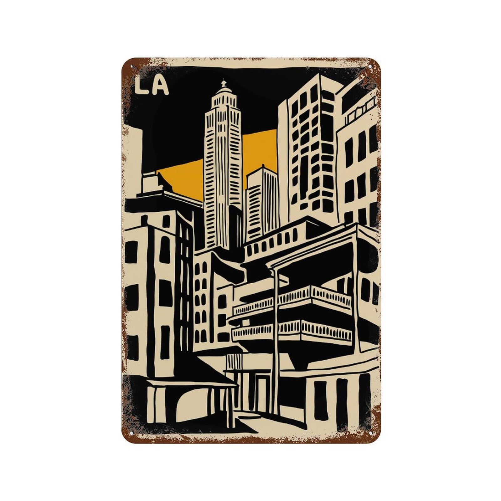 Garage Style Los Angeles Cityscape Illustration Rustic Tin Plaque 11.8"x7.9", Vintage Wall Decor for Bar And Workshop