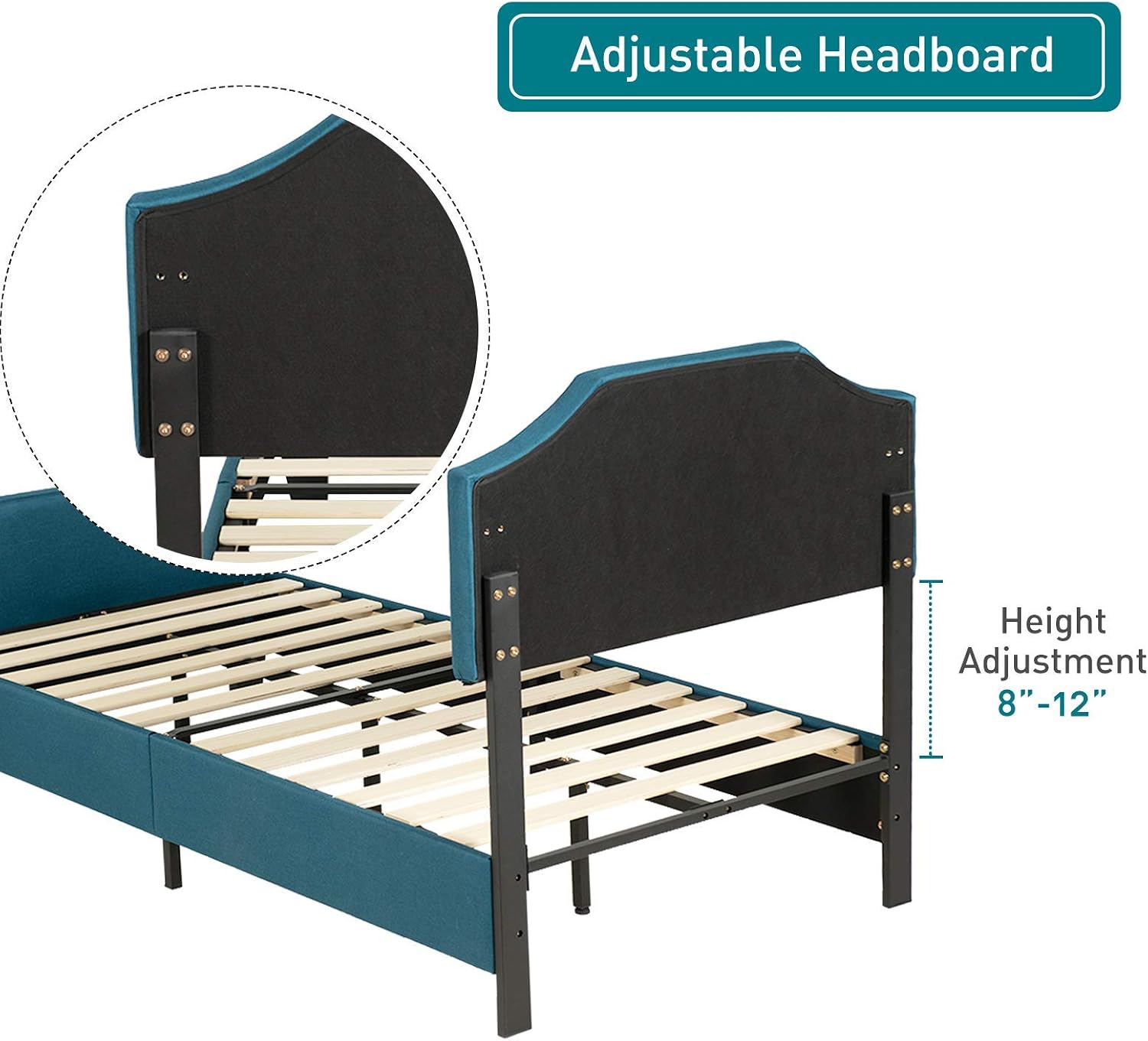 mecor Upholstered Linen Platform Bed, Twin Bed Frame with Curved Headboard, Headboard Height Adjustable, Nailhead Trim Design - Twin Size in Blue Fabric