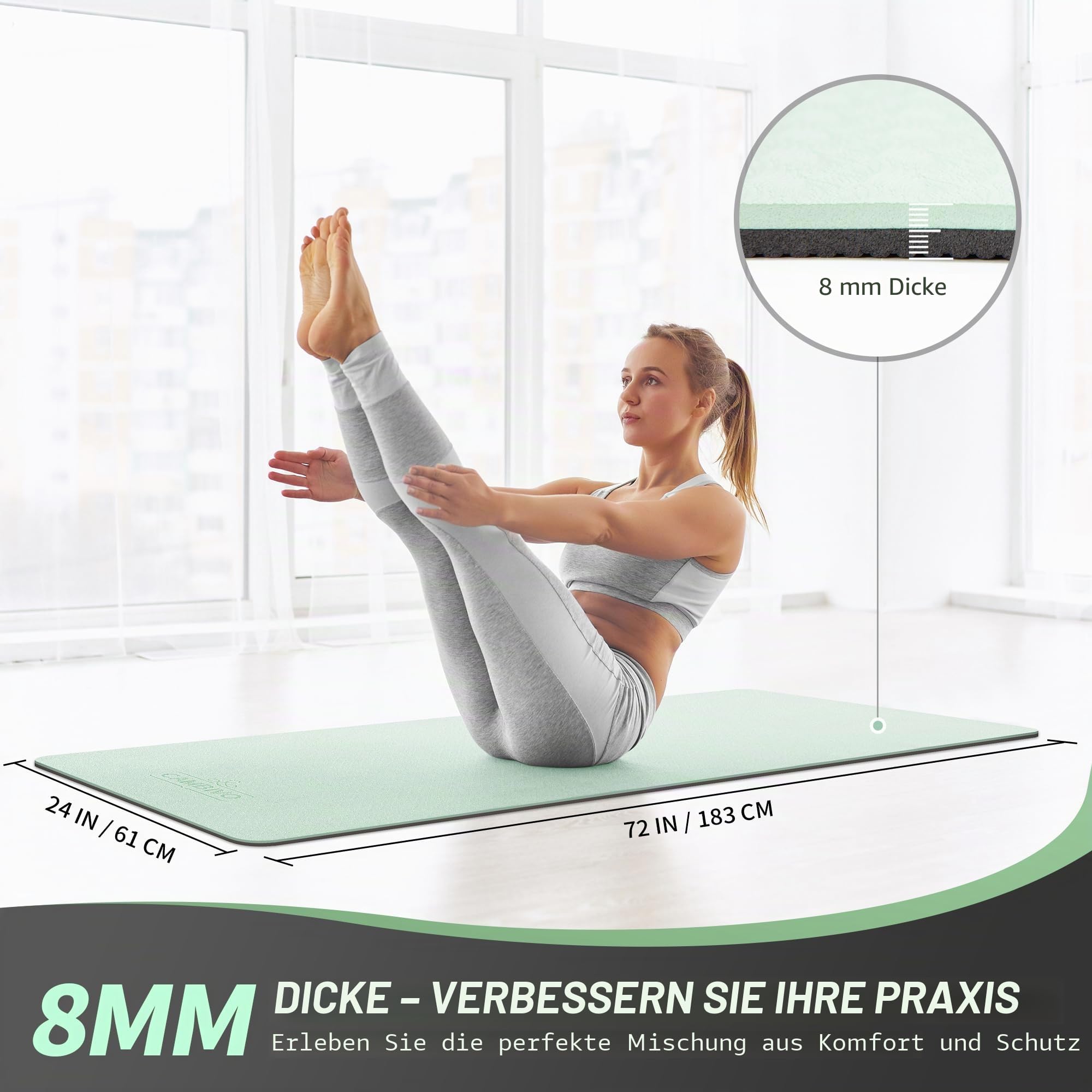 CAMBIVO Yogamatte 183 x 61 cm, 8mm dick, rutschfest & gelenkschonend TPE Fitnessmatte mit Tragegurt, gepolsterte Sportmatte für Yoga, Pilates, Gymnastik & Home Workout