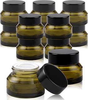 12 pack Glass Cosmetic Jars with Lids Small Lotion Containers for Traveling Green Empty Skincare Container for Face Cream Toiletries Makeup (1oz)