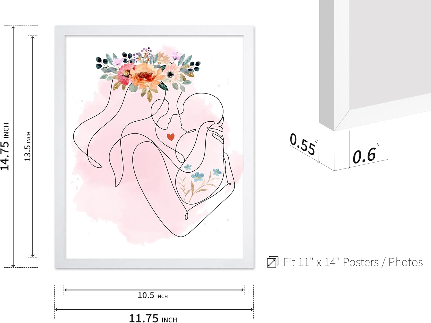 Poster Master Mother and Baby Poster - Family Print - Mother's Day Art - Line Drawing - Flower Design - Chic Boho Style - Abstract & Aesthetic Decor - Living Room or Bedroom - 11x14 White Framed