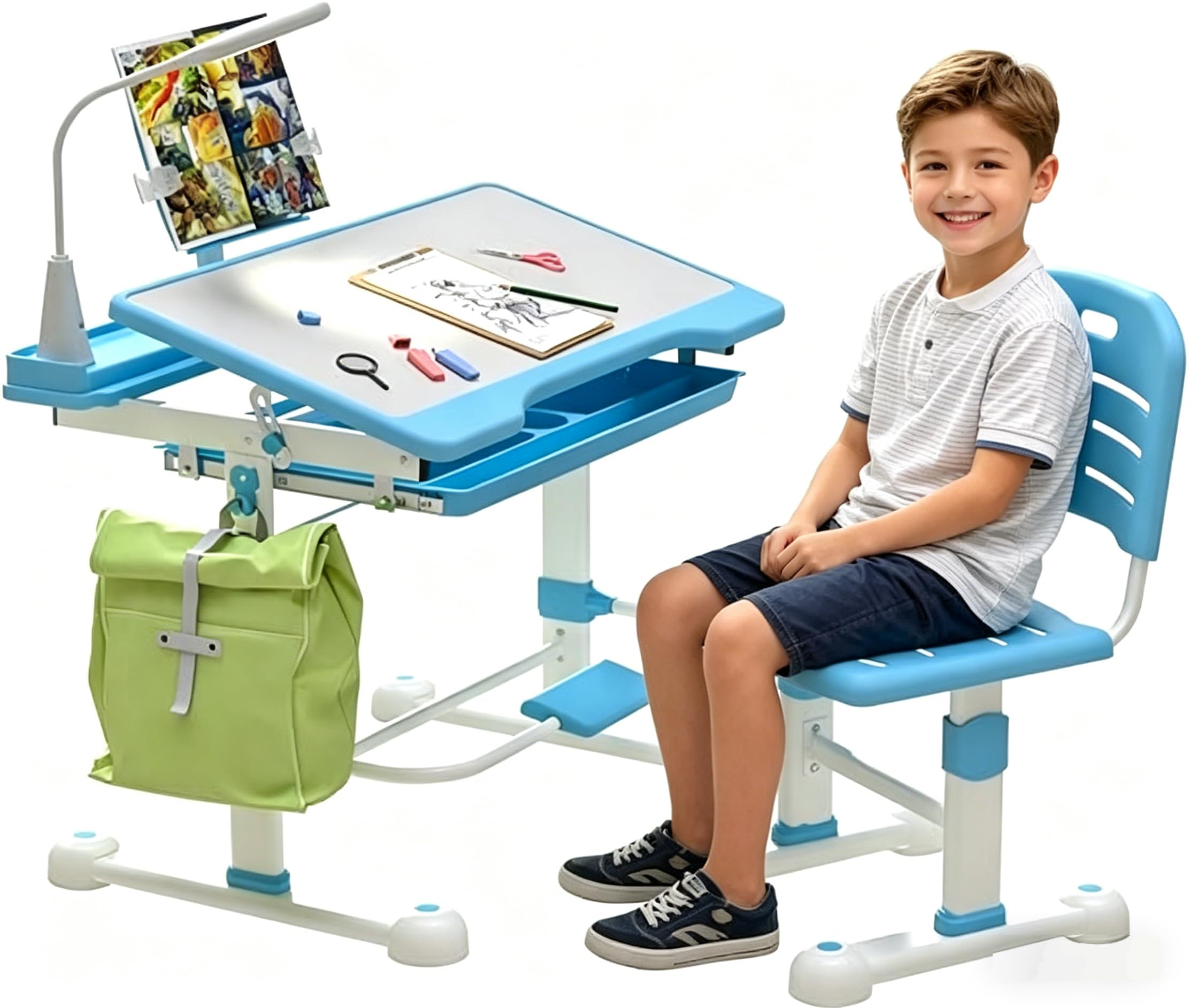 Kinderschreibtisch höhenverstellbar,Schülerschreibtisch Jugendschreibtisch mit Schublade Schreibtisch Kinder mit neigbarer Tischplatte für 3-12 Jahre Kinder (Blau-L)