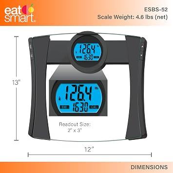 EatSmart Precision CalMax Digital Bathroom Scale - 440 lb Capacity, 0.1 lb Increments, BMI Tracking, 4-User Memory, Large Tempered Glass Platform, Blue Backlight Display