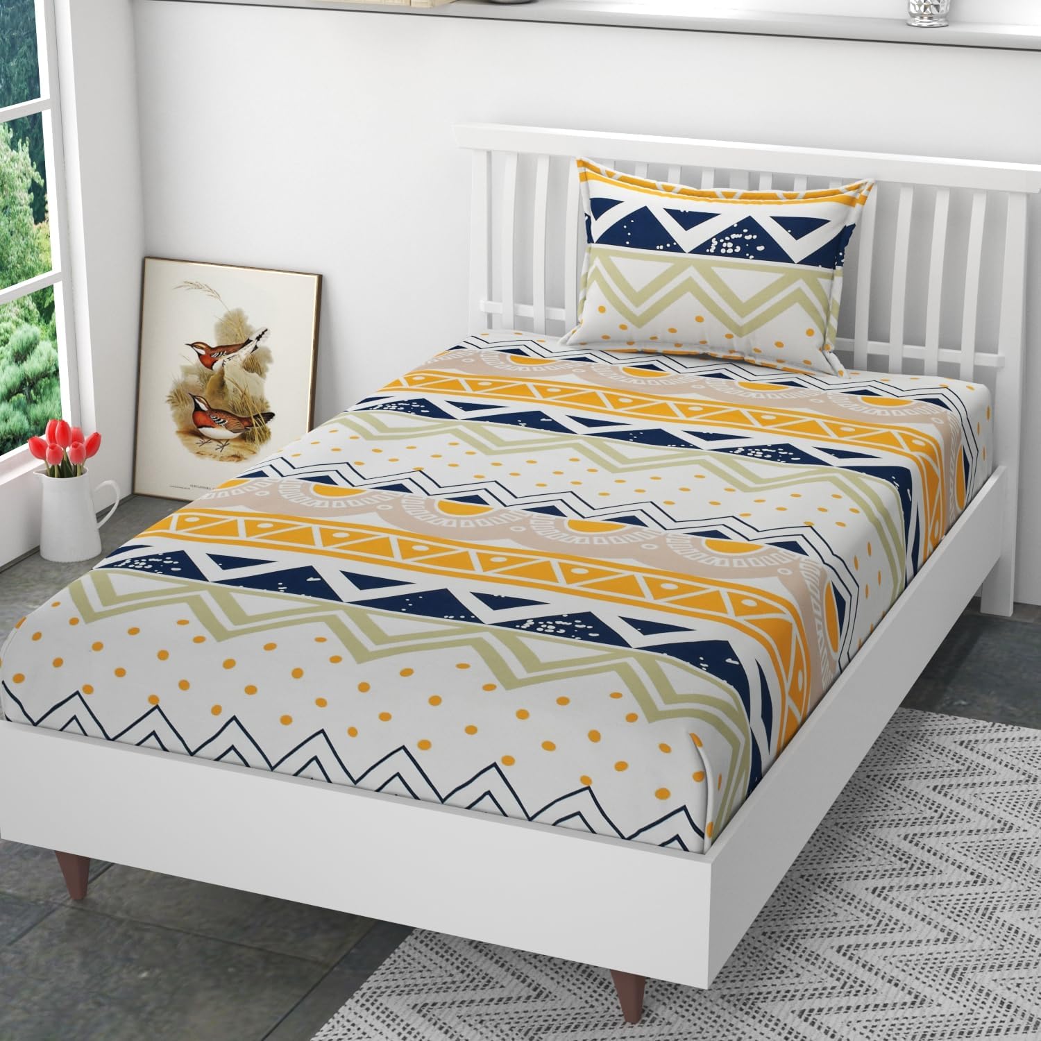 DECOMIZER Microfiber Soft Cotton Single Bed Bedsheet for Diwan Bed, Size 60 Inches X 90 Inches, 152 X 230 cm with 1 Large Size Pillow Covers Without Joint - Yellow Triangle