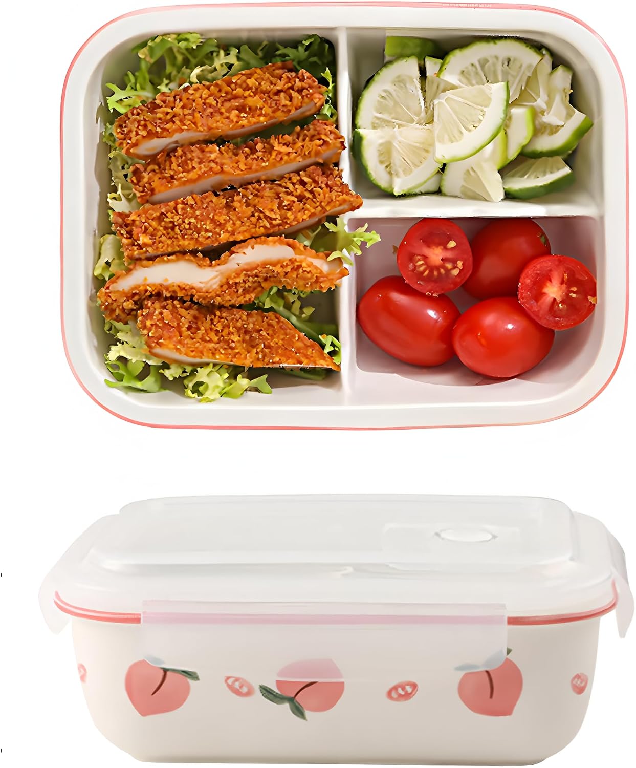 Ceramic Lunch Box with 3 Compartments, Lunch Box with Lid, White Lunch Boxes are Leak Proof Sealed and Reusable, Perfect for office, Picnics, Short Trips or When Riding