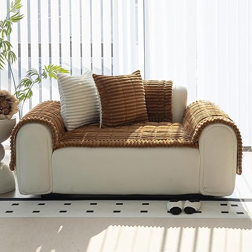 Miniatura 8 de Funda para sofá, fundas de sofá para perros, lavables, antideslizantes, a rayas, para sofá seccional, protector de muebles para forma de L (marrón