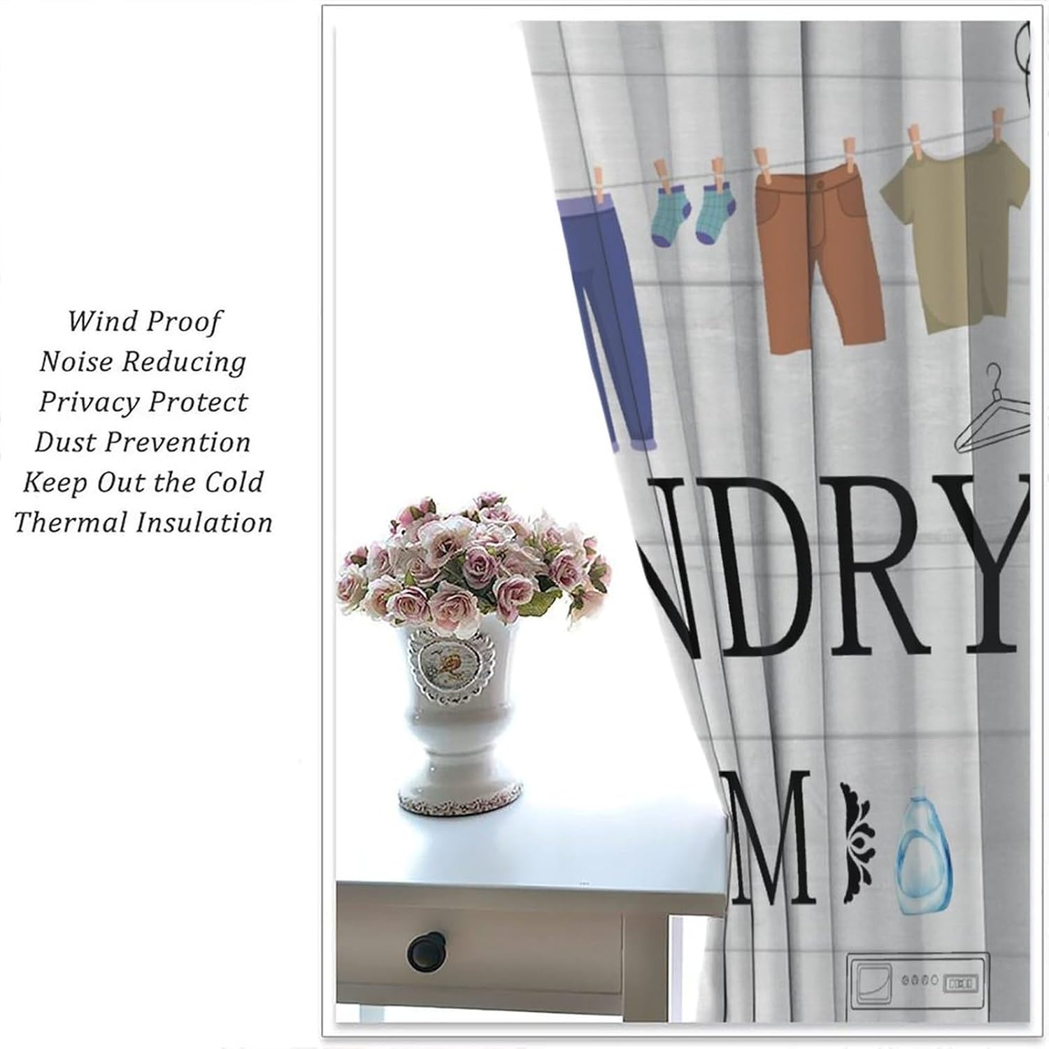 Laundry Room Curtains, Retro Farm Planks Watercolor Laundry Basket Towel Cloths Blackout Window Treatments, Rod Pocket Thermal Insulated Drapes 2 Panel Sets for Bedroom Living Room, 42"W X 45"L