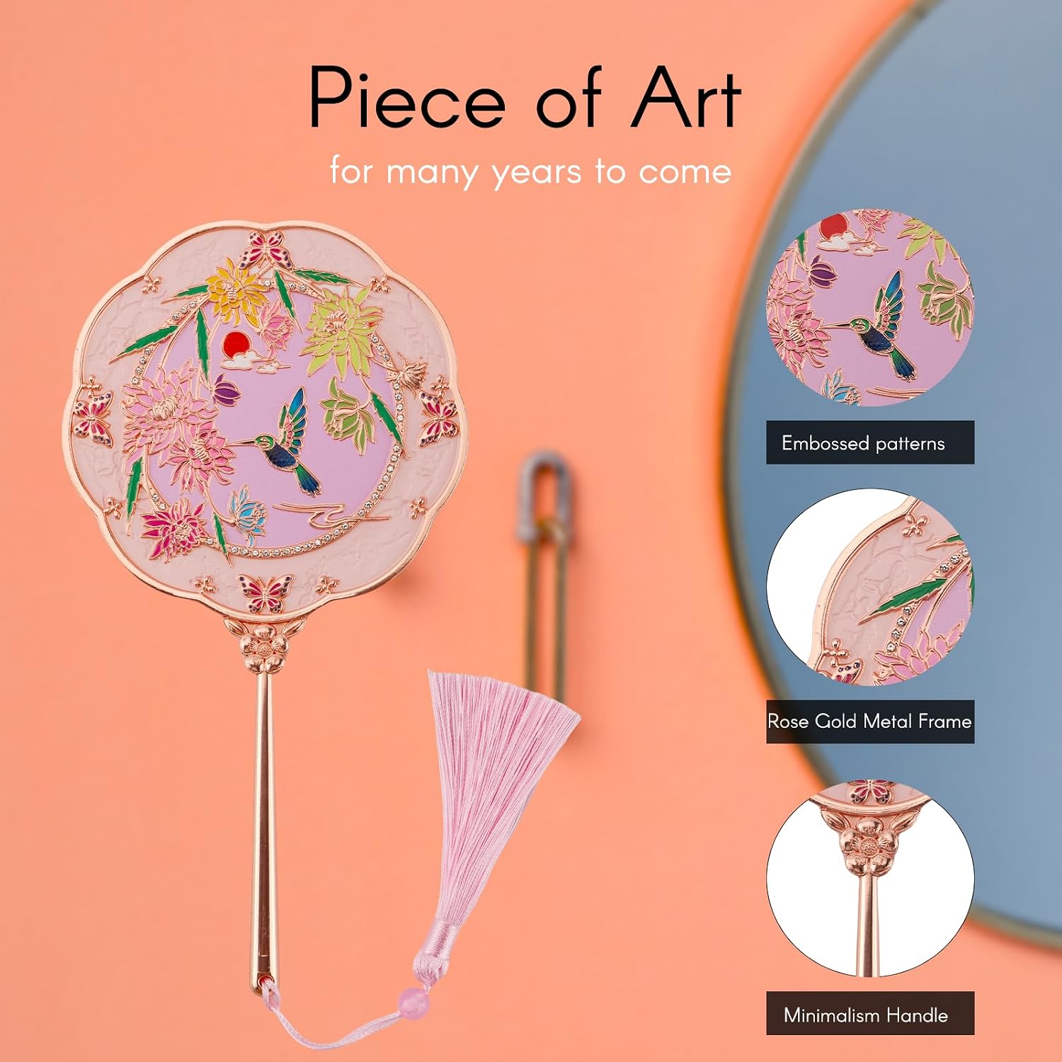 Metal Hand Mirror, Hand Handheld Mirror with Hummingbird Embossed Patterns, Beautiful Makeup Mirror, Personal Cosmetic Mirror, Compact and Portable, Unique Gifts for Women