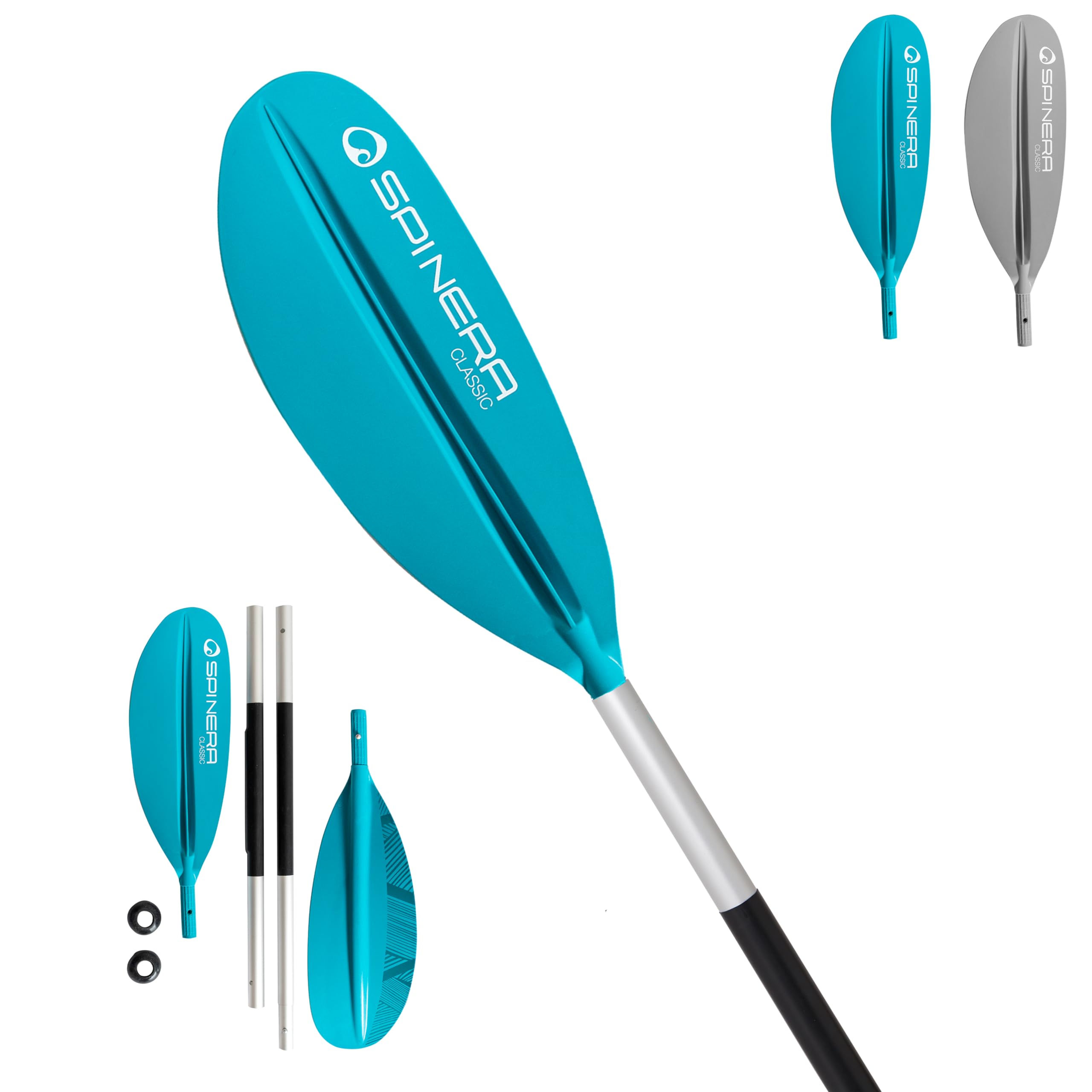 SPINERA Kajak Paddel Classic 240cm – 4-teilig, Aluminium Schaft, PP+40% FG Schlagblatt, zerlegbar & leicht – für Einsteiger & Forgeschrittene, Farbe Teal – Robustes Kayak Paddle