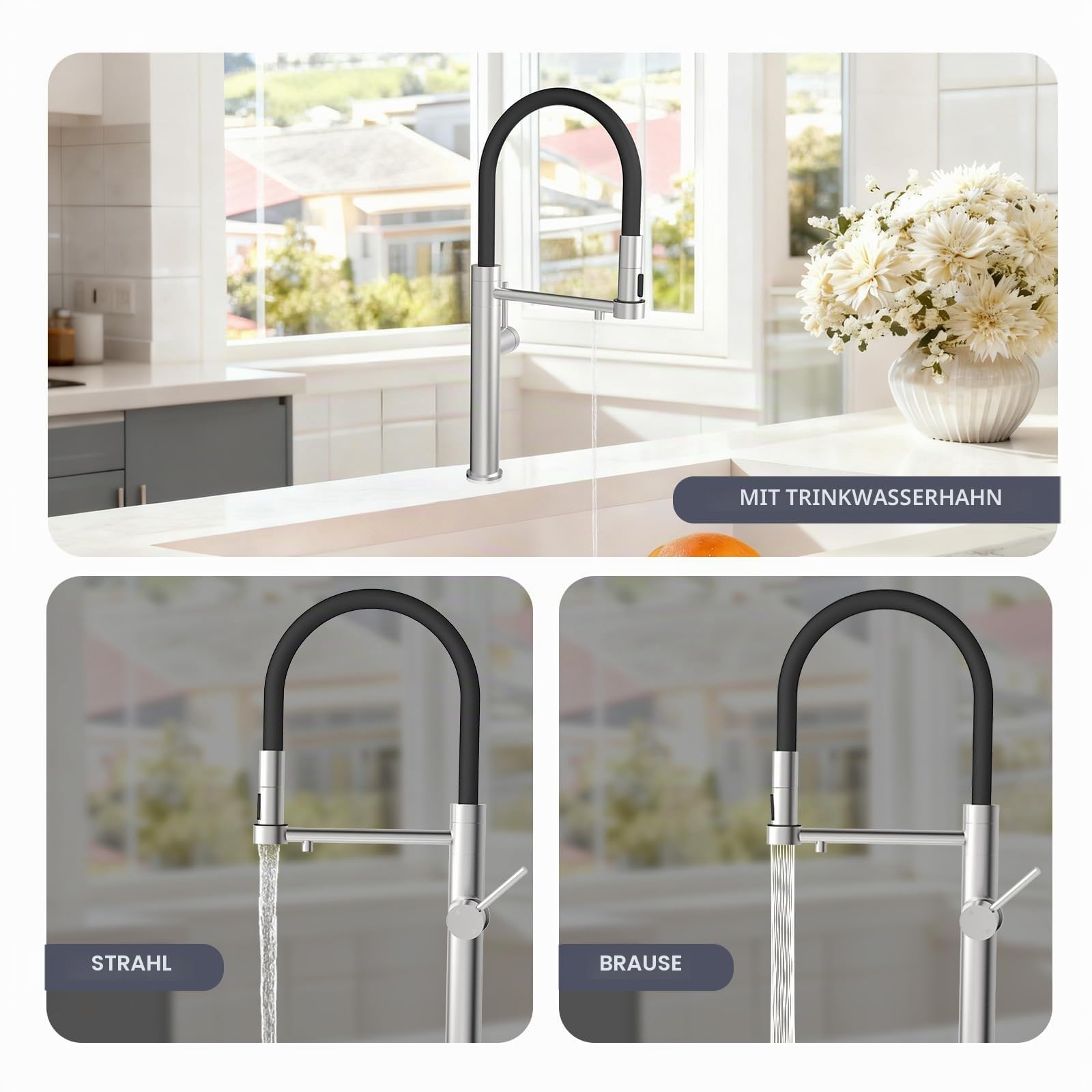 3 Wege Wasserhahn Küche, Einhebel 3 in 1 Küchenarmatur für Wasserfilter | Tohlar Armatur Küche mit Herausziehbarer Brause, 3 in 1 Mischbatterie, 360°Drehbar Küchenarmatur, Edelstahl Gebürstet