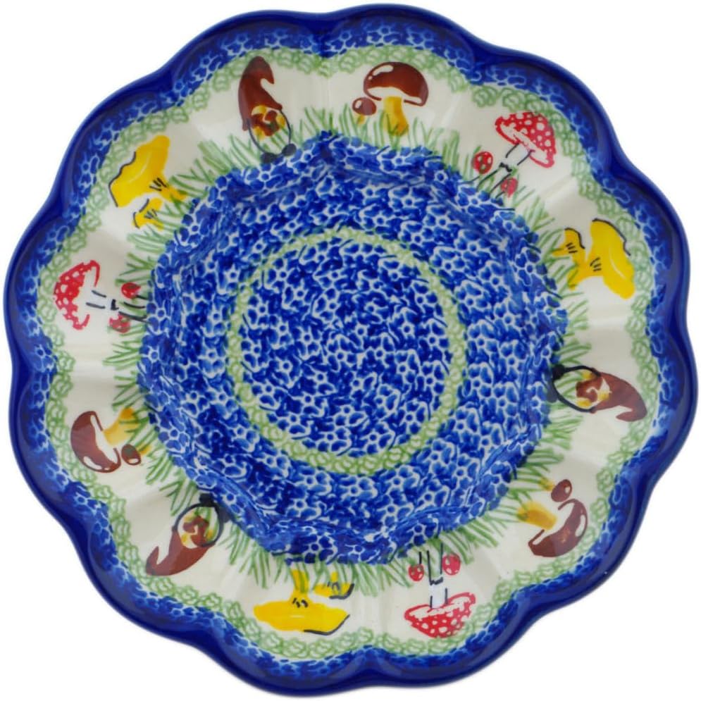 Polmedia Polish Pottery Egg Plate - Mushroom Garden Pattern Handmade in Boleslawiec Poland + Certificate of Authenticity