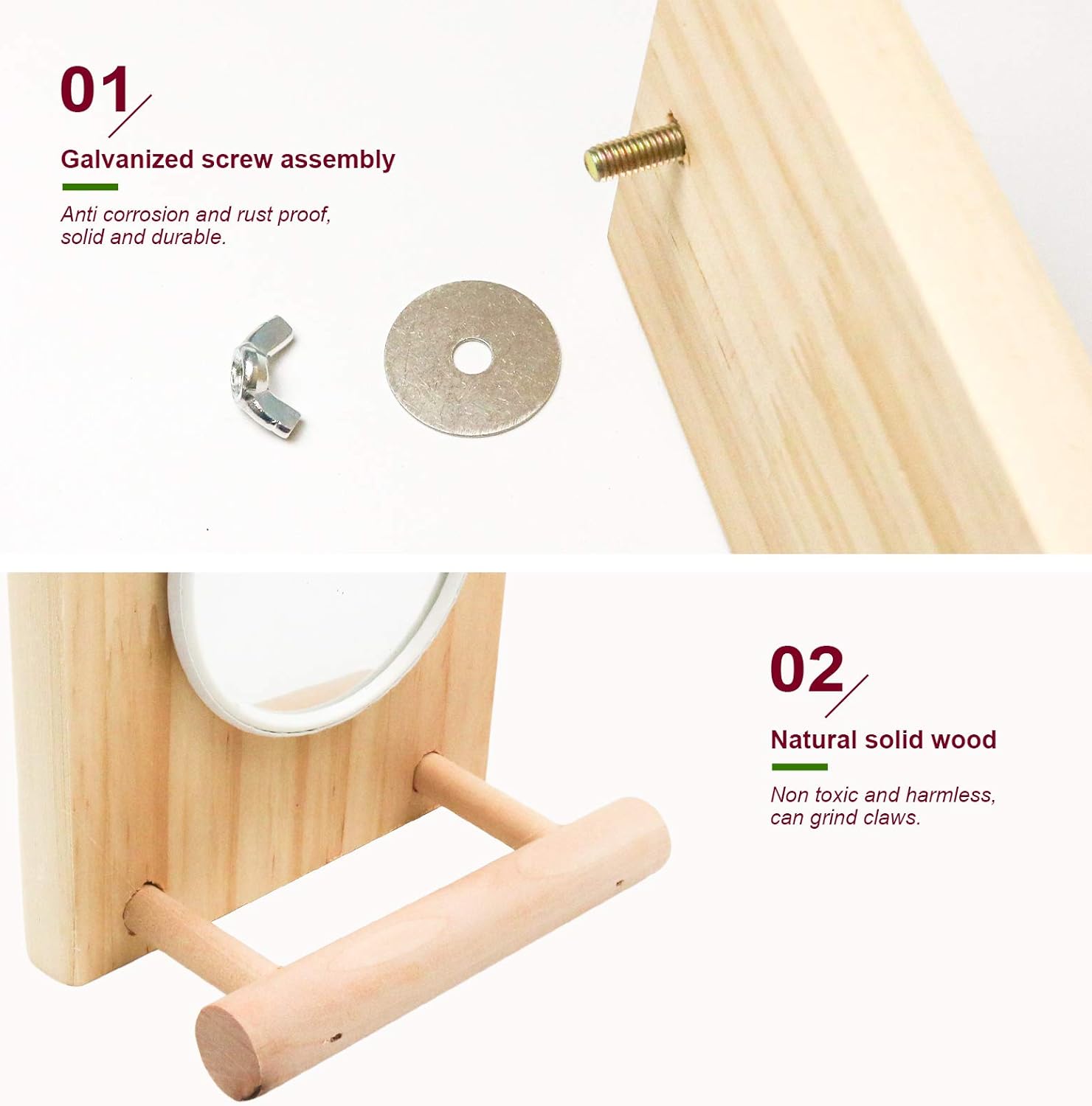 suruikei Bird Mirror Toy with Wooden Perch Stand, Birdcage Fun Platform Stand Toys for Macaws Lovebird Cockatoo Parakeet Conure Finch Cockatiels Bird Cage Accessories Wood Toy (Set 1) : Pet Supplies