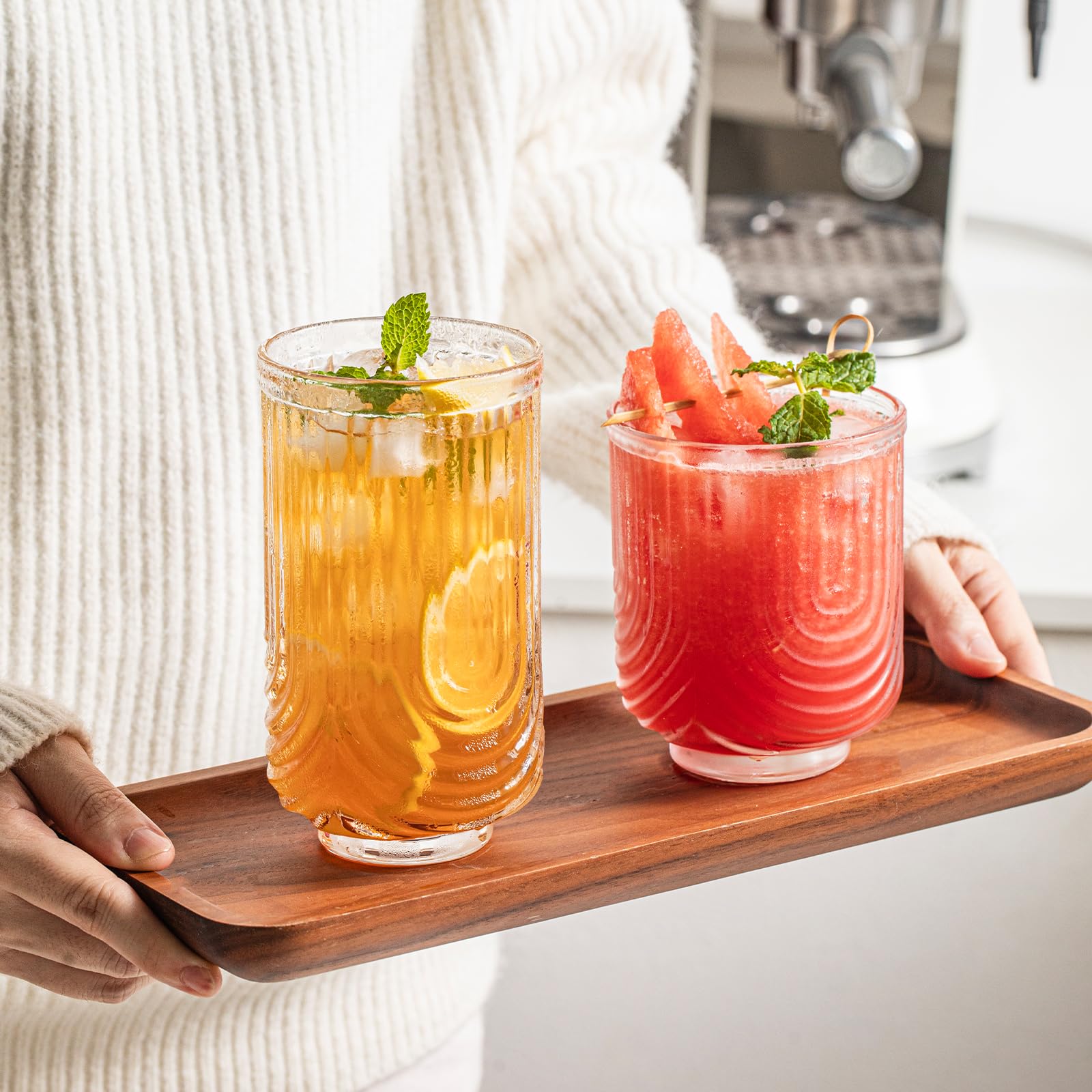 INSETLAN Zestaw 4 szklanek w stylu vintage, łuk, modne szkło typu highball, klasyczne przezroczyste szklanki koktajlowe, do baru, napojów, lodu, kawy, soku, wody, 4 szt., L