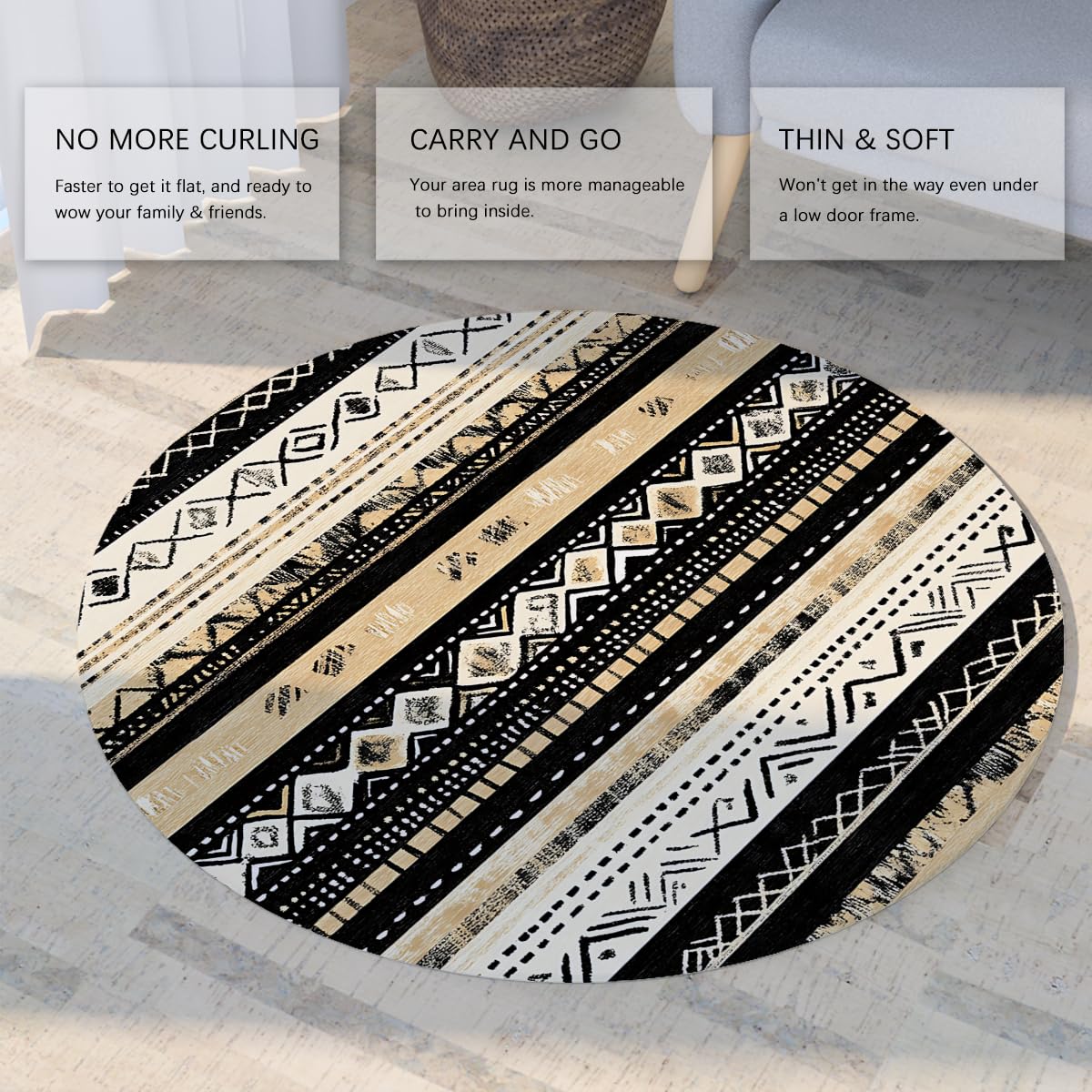 Tappeti Boho Retro Textured Circle Area Tappeto Azteco Tappeto Circolare Distressed Lavabile Senza Spargimento Zerbino Per Camera Da Letto Lavanderia Cucina 80cm