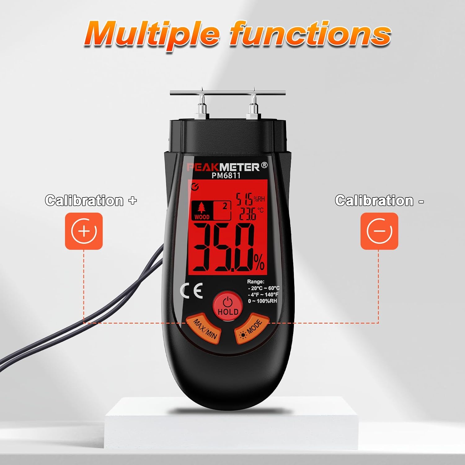 Three moisture meters displaying different backlight colors (green, orange, red) corresponding to low, medium, and high moisture levels.